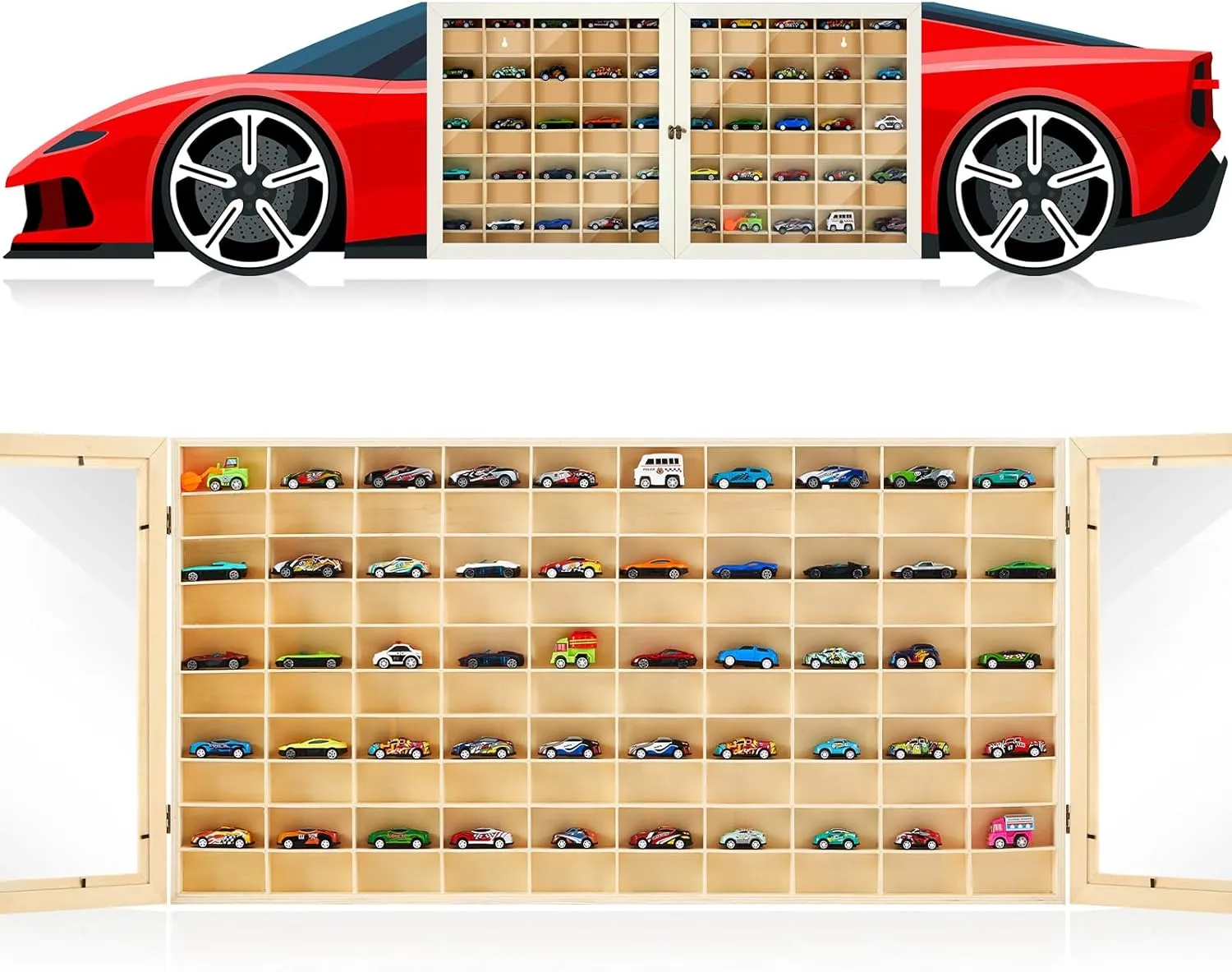 100 Space Toy Car Display Case Wooden Wall Mount Wheels Storage Shelf Organizer 1/64 Scale Diecast Toy Car Shelf Rack with Wall Decals Display Box Cabinet for Miniature Collectible Gift