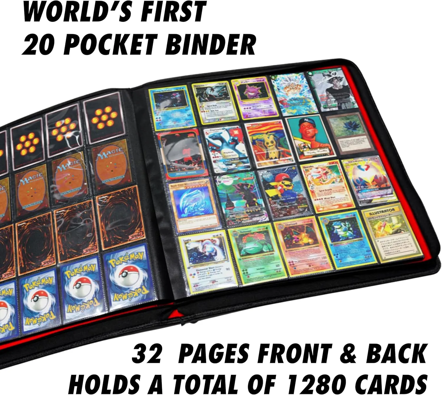 1280  Cards 20 Pocket Card Binder Collector Card Album - Pages Compatible with Pokemon Cards, Sports Cards, Yugioh, MTG and Other TCG - Trading Card Sleeve with Side Loading Pockets (Black/Red)