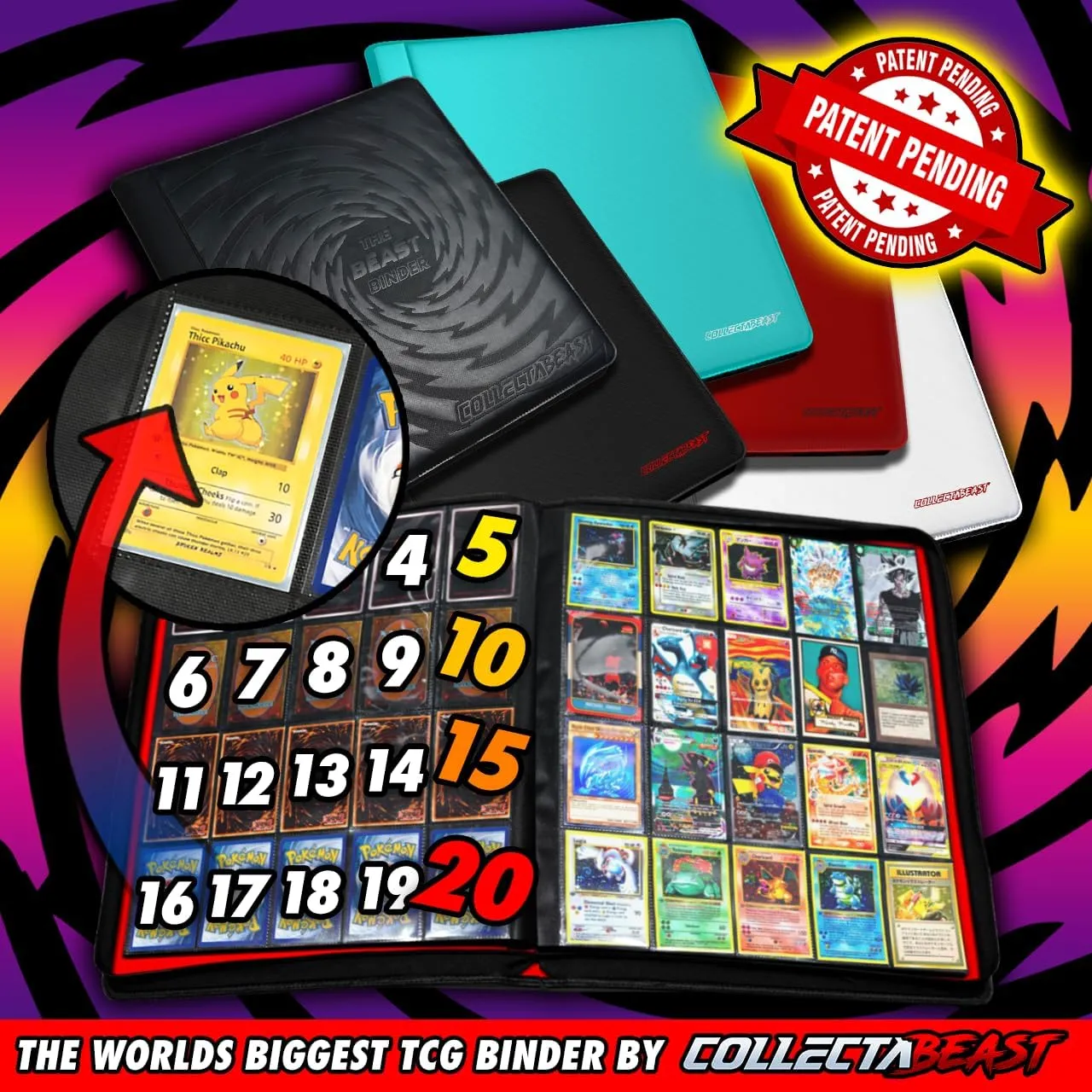 1280  Cards 20 Pocket Card Binder Collector Card Album - Pages Compatible with Pokemon Cards, Sports Cards, Yugioh, MTG and Other TCG - Trading Card Sleeve with Side Loading Pockets (Black/Red)