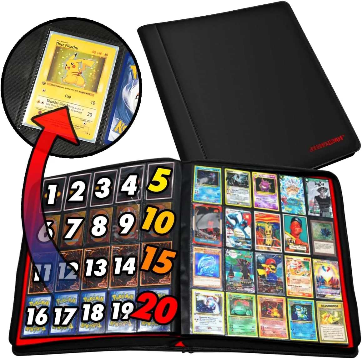 1280  Cards 20 Pocket Card Binder Collector Card Album - Pages Compatible with Pokemon Cards, Sports Cards, Yugioh, MTG and Other TCG - Trading Card Sleeve with Side Loading Pockets (Black/Red)