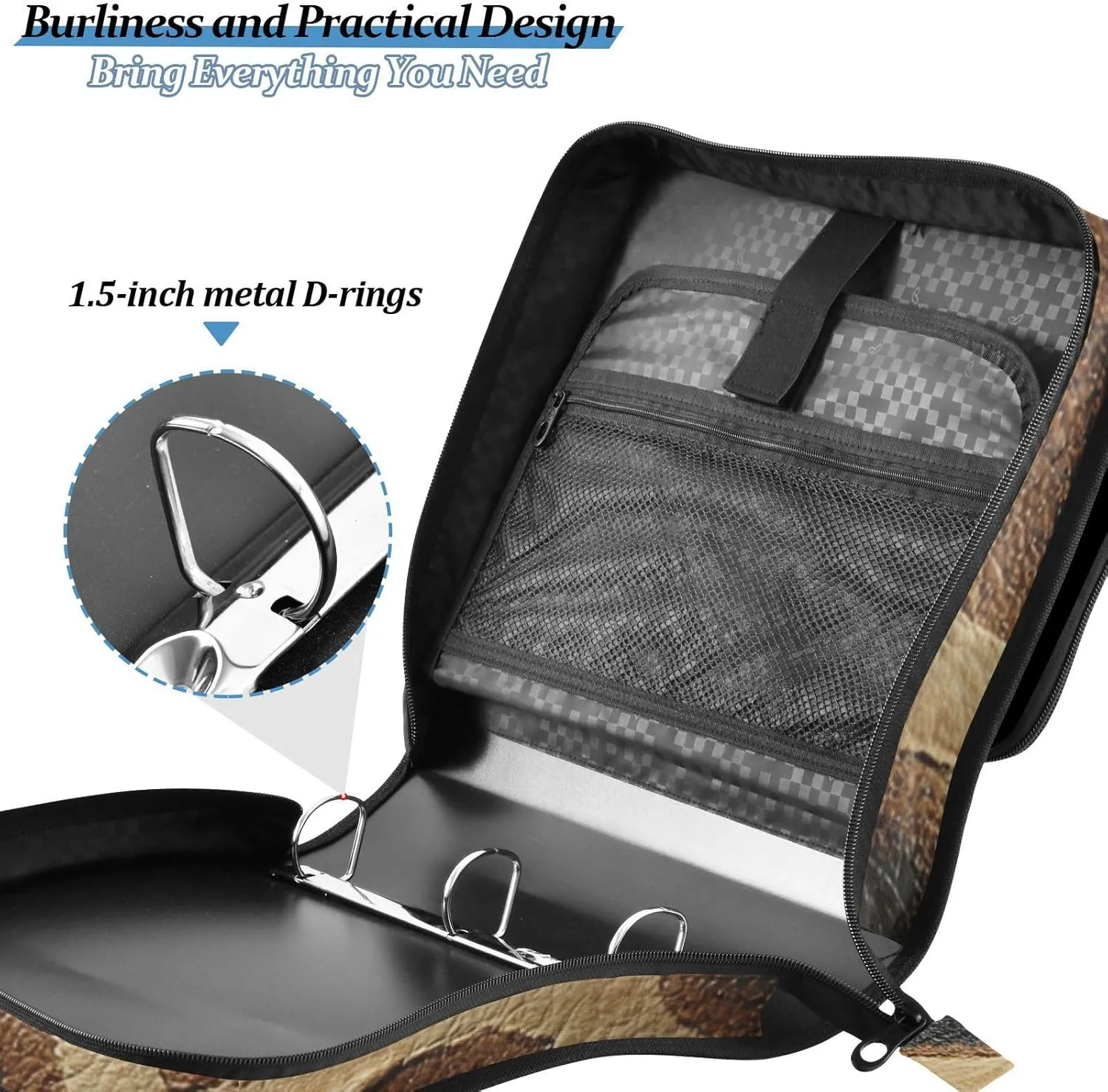 1.5-Inch 3-Rings Binder with Extra Pockets with Handle and Removable Shoulder Strap Includes Zip Pocket Portable Home Travel Safe Storage Bag for School/Office Giraffe Skin Texture