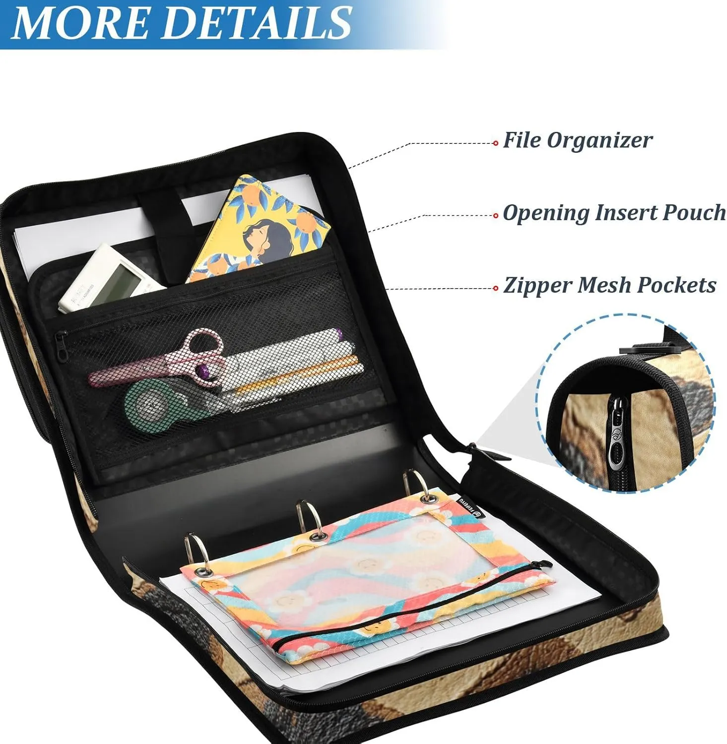 1.5-Inch 3-Rings Binder with Extra Pockets with Handle and Removable Shoulder Strap Includes Zip Pocket Portable Home Travel Safe Storage Bag for School/Office Giraffe Skin Texture