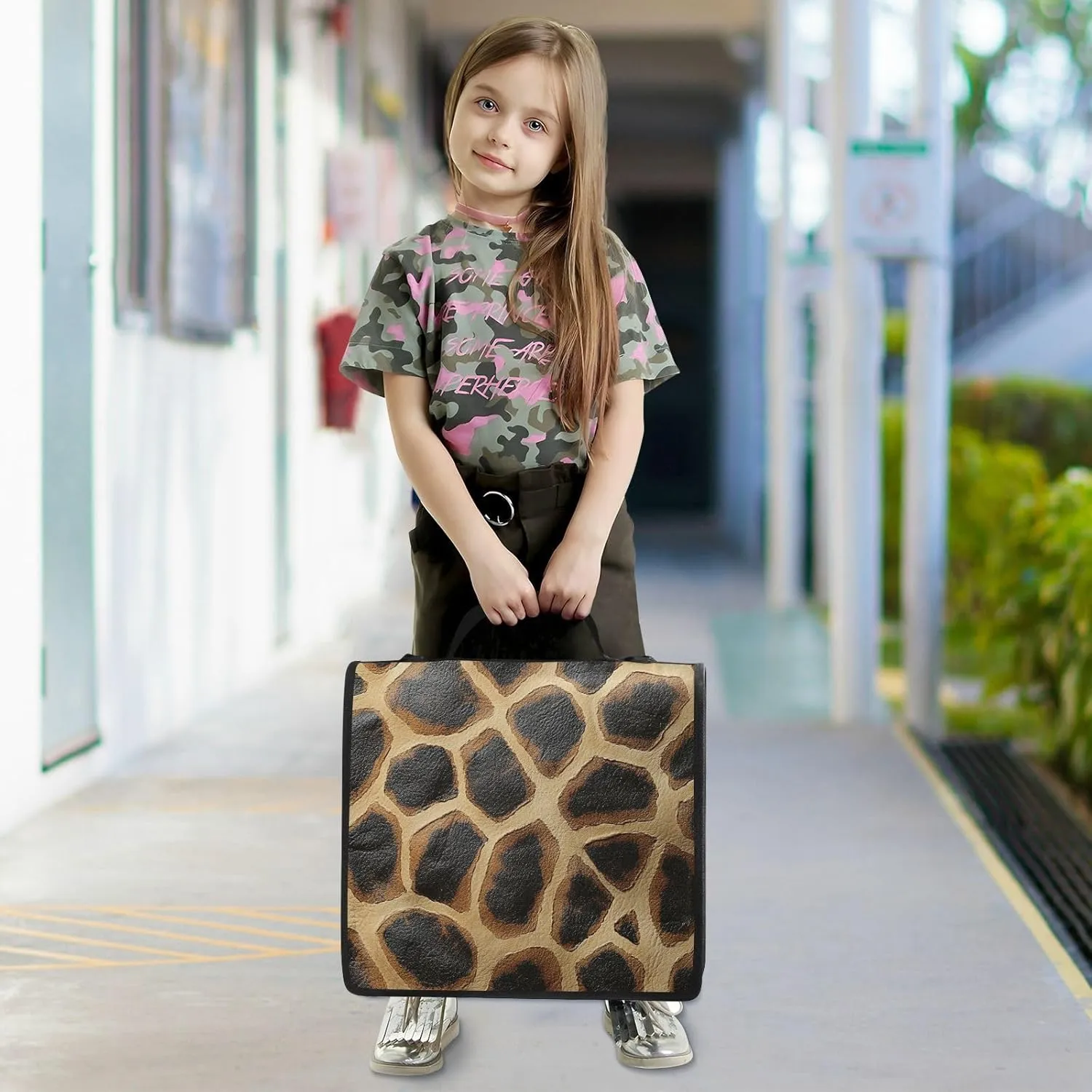 1.5-Inch 3-Rings Binder with Extra Pockets with Handle and Removable Shoulder Strap Includes Zip Pocket Portable Home Travel Safe Storage Bag for School/Office Giraffe Skin Texture