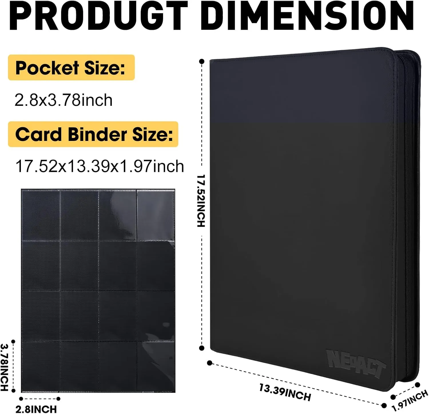 16 Pocket Card Binder,1280 Ringless Double Sided Pocket Trading Card Binder, Premium Zip Album Folder for TCG,MTG,Game Cards,Sports Cards(BLACK)