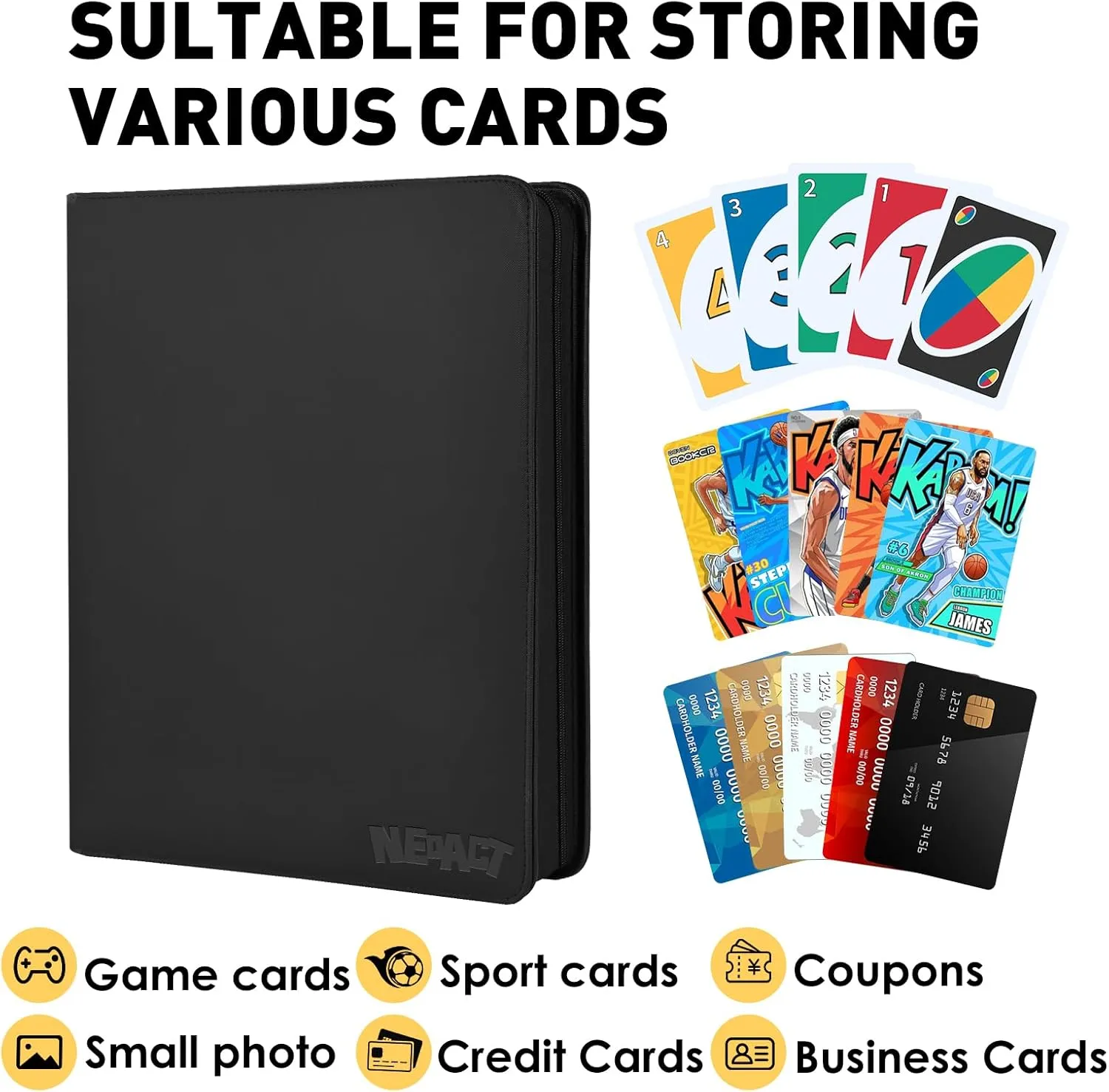16 Pocket Card Binder,1280 Ringless Double Sided Pocket Trading Card Binder, Premium Zip Album Folder for TCG,MTG,Game Cards,Sports Cards(BLACK)