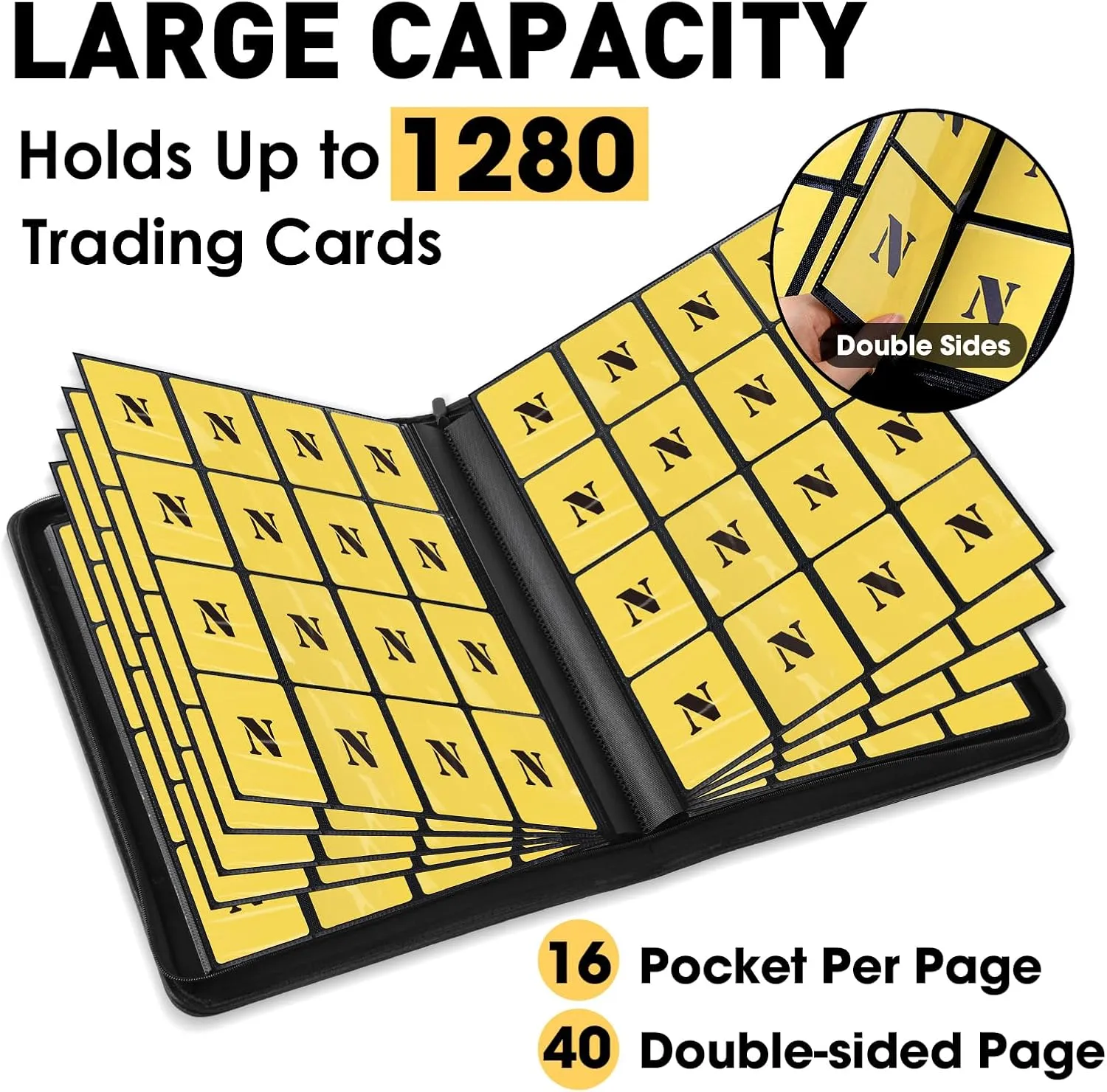 16 Pocket Card Binder,1280 Ringless Double Sided Pocket Trading Card Binder, Premium Zip Album Folder for TCG,MTG,Game Cards,Sports Cards(BLACK)
