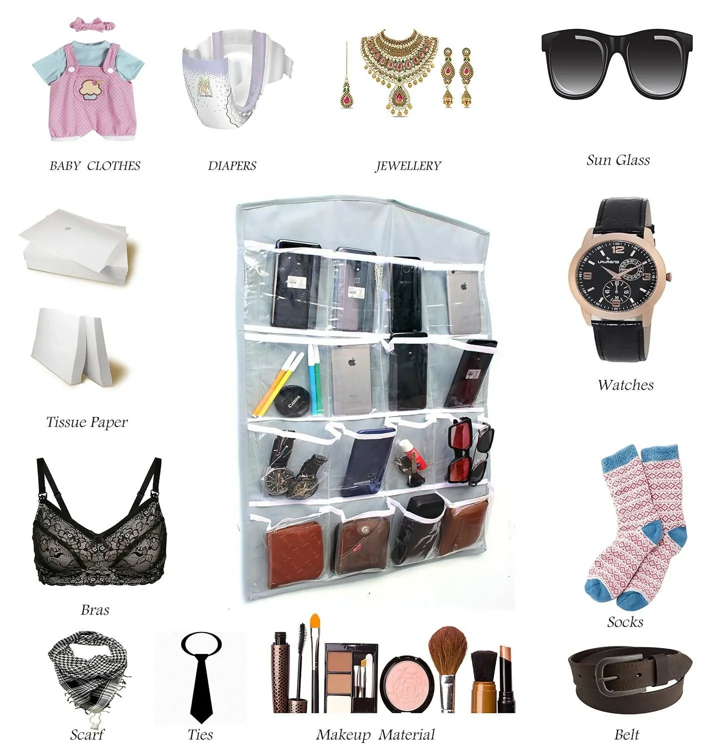 16-Pocket Hanging Wardrobe Organizer for Innerwear & Socks (Grey, 75x45cm)