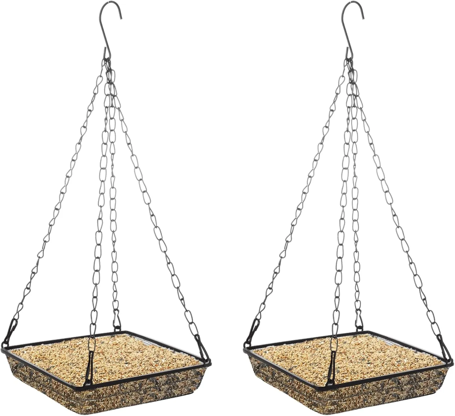 2 Pack Hanging Bird Feeder Tray 7 Inch Metal Mesh Platform Seed Feeder for Outdoors Garden, Wild Bird Feeder with Chains for Wild Backyard Attracting Birds