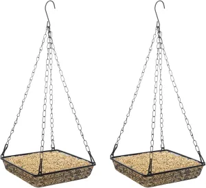 2 Pack Hanging Bird Feeder Tray 7 Inch Metal Mesh Platform Seed Feeder for Outdoors Garden, Wild Bird Feeder with Chains for Wild Backyard Attracting Birds