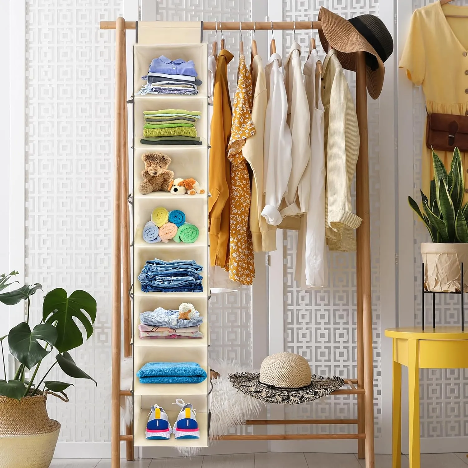 2 Pack Large-Sized Hanging Shoe Organizer 8-Shelf, Hanging Closet Organizer with 8 Side Pockets, Wider Hanging Shelves for Storage Shoes Clothes 9" W × 11.8" D× 48" H, Beige.
