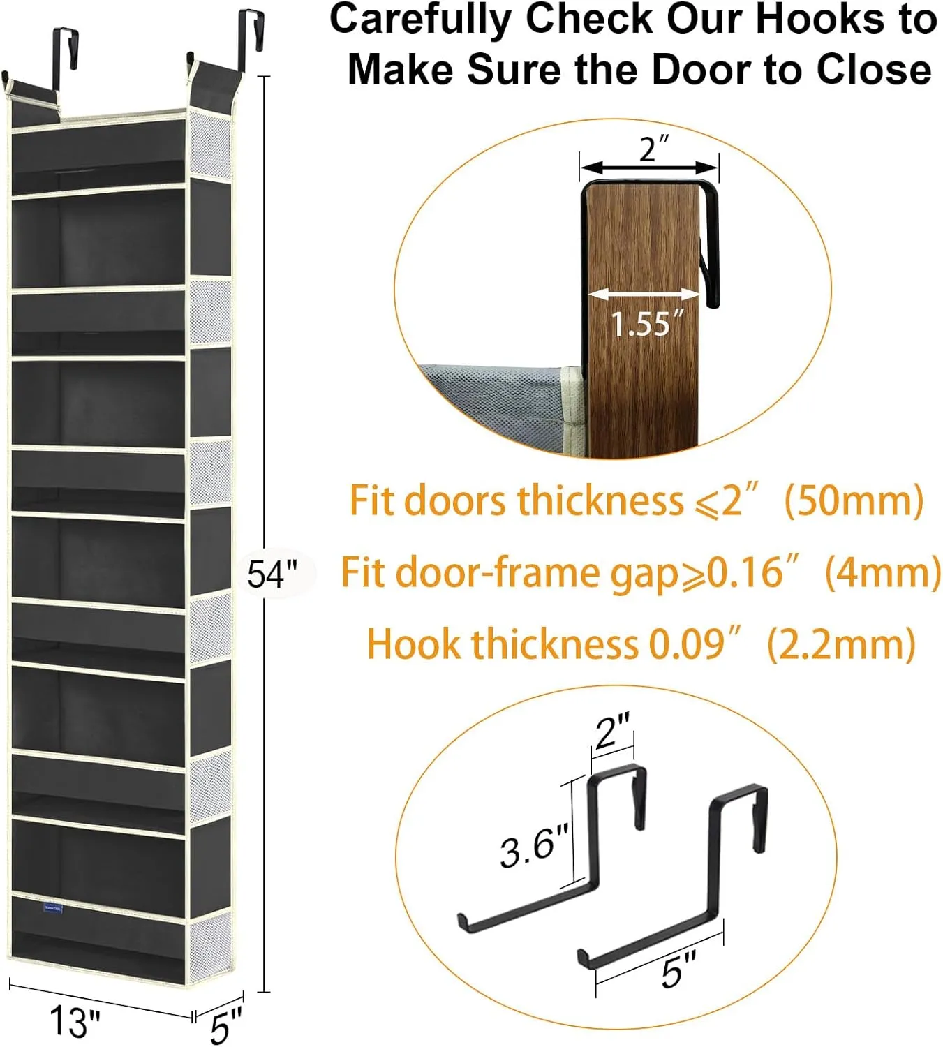 2 Pack Over The Door Hanging Organizer - 6 Shelves & 12 Side Pockets, Over The Door Storage for Baby Accessories & Children's Toys (13"x5"x54", Black)
