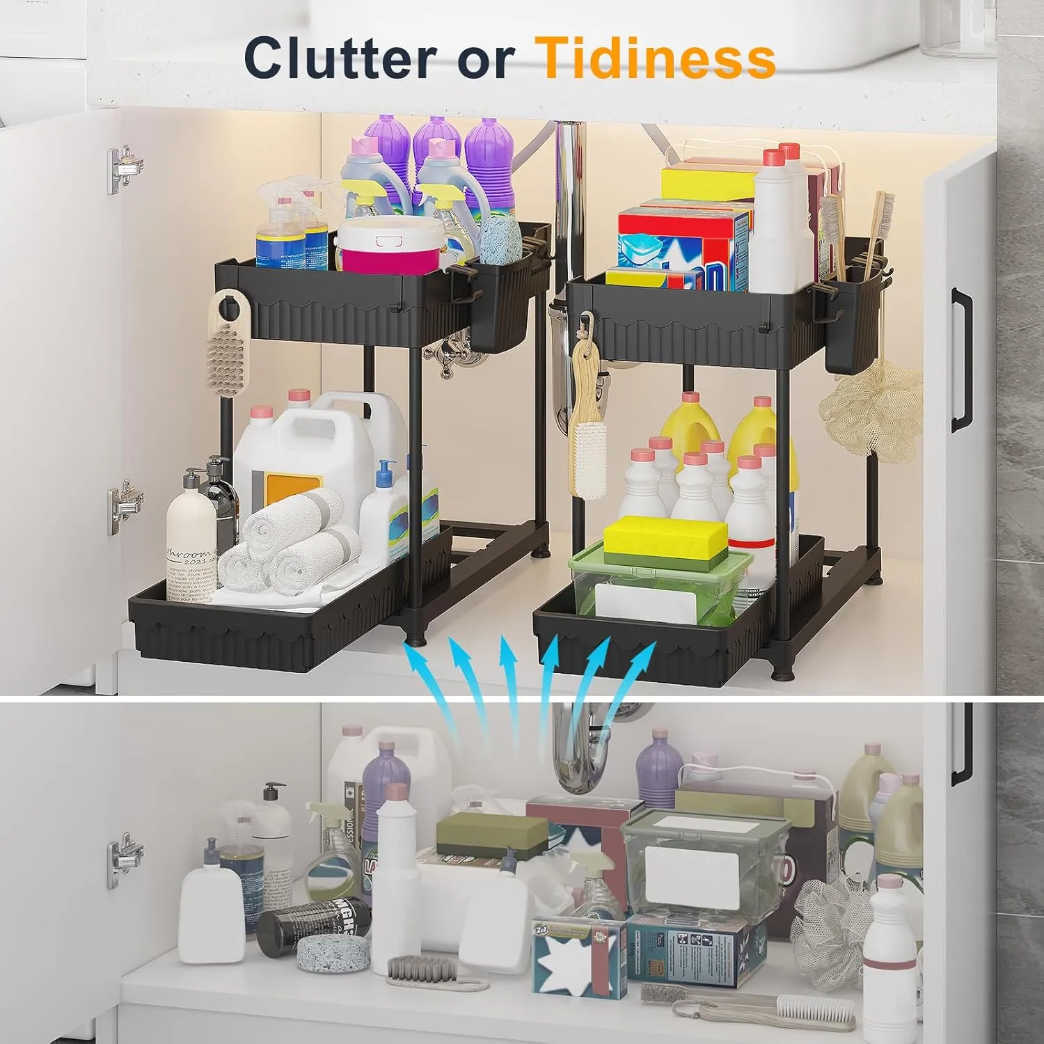 2 Pack Under Sink Organizers and Storage, 2 Tier Sliding Bathroom Organizer,Multi-Use Under Kitchen Cabinet Storage Shelf (Black 2Pack)