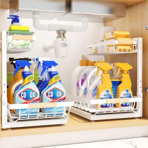 2 Packs Under Sink Organizer, High Adjustable 2 Tier Under Kitchen sink organizer, Multi-Purpose Storage Shelf for Kitchen Bathroom Cabinet, White