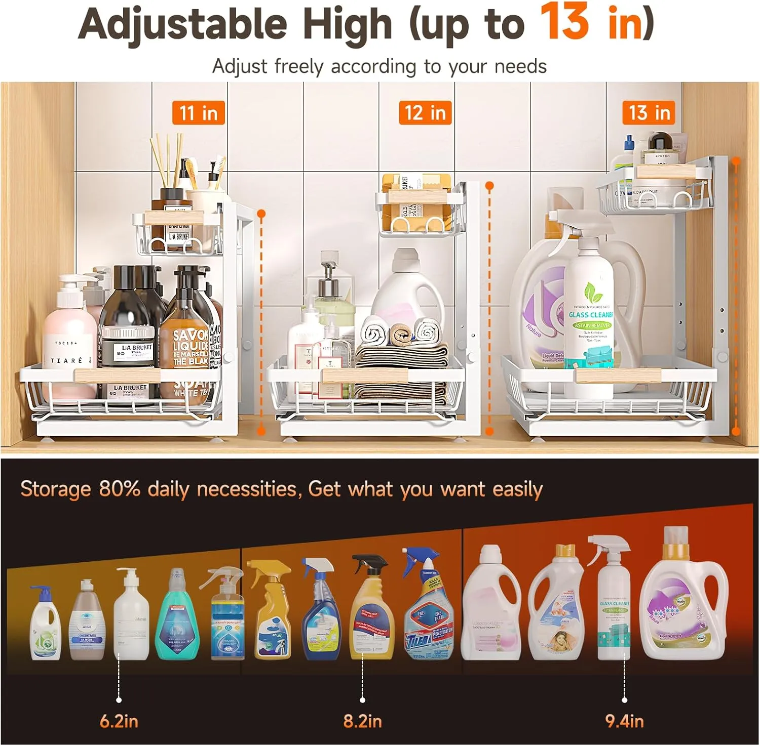 2 Packs Under Sink Organizer, High Adjustable 2 Tier Under Kitchen sink organizer, Multi-Purpose Storage Shelf for Kitchen Bathroom Cabinet, White