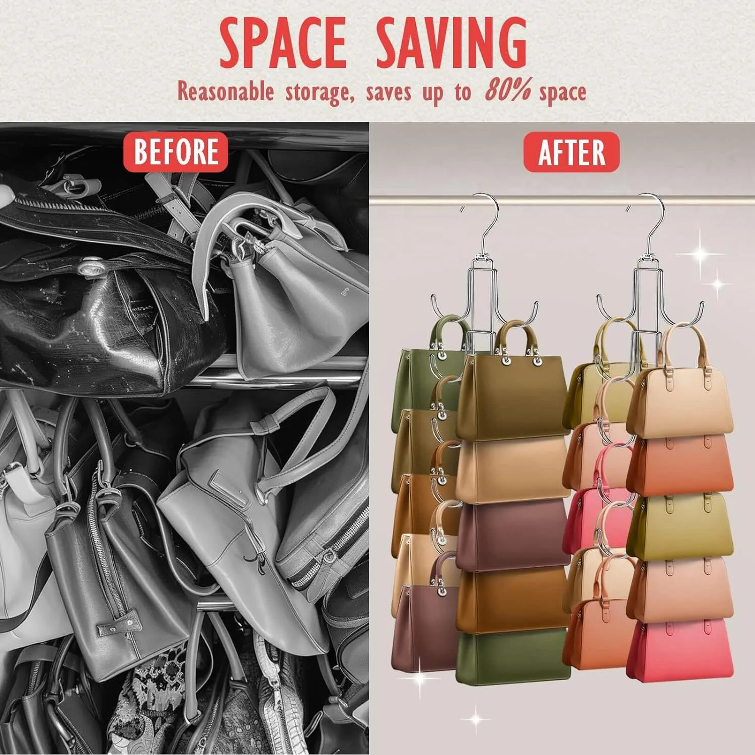2 Purse Organizer for Closet, Upgraded Purse Hangers with 20 Big Hooks, 360 Degree Rotation for Better Organizer and Display, Collapsible Space Saving Hangers Rack for Handbag, Scarve, Tie, Silver