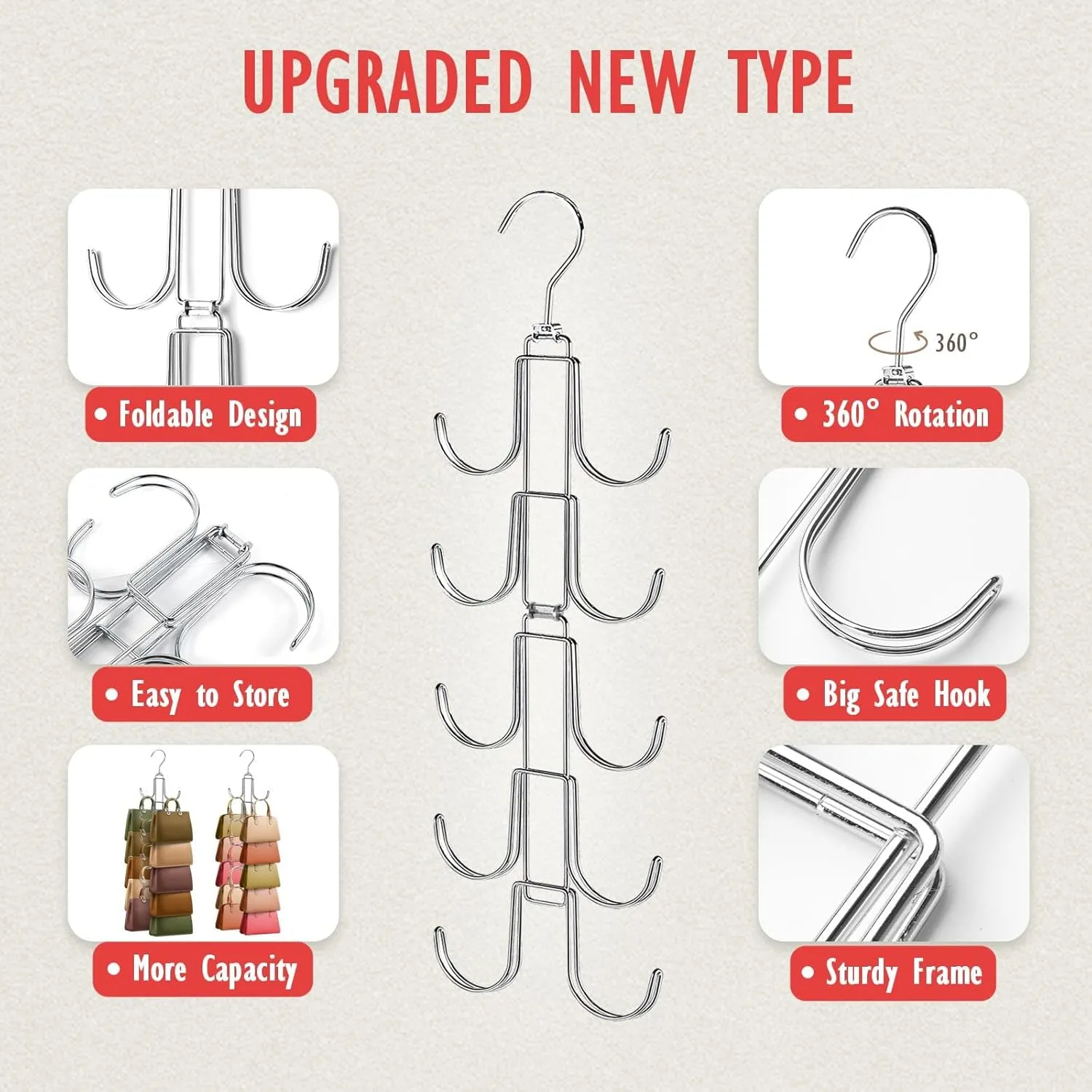 2 Purse Organizer for Closet, Upgraded Purse Hangers with 20 Big Hooks, 360 Degree Rotation for Better Organizer and Display, Collapsible Space Saving Hangers Rack for Handbag, Scarve, Tie, Silver