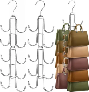 2 Purse Organizer for Closet, Upgraded Purse Hangers with 20 Big Hooks, 360 Degree Rotation for Better Organizer and Display, Collapsible Space Saving Hangers Rack for Handbag, Scarve, Tie, Silver