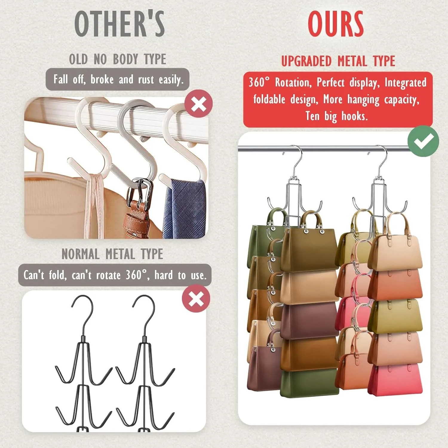 2 Purse Organizer for Closet, Upgraded Purse Hangers with 20 Big Hooks, 360 Degree Rotation for Better Organizer and Display, Collapsible Space Saving Hangers Rack for Handbag, Scarve, Tie, Silver