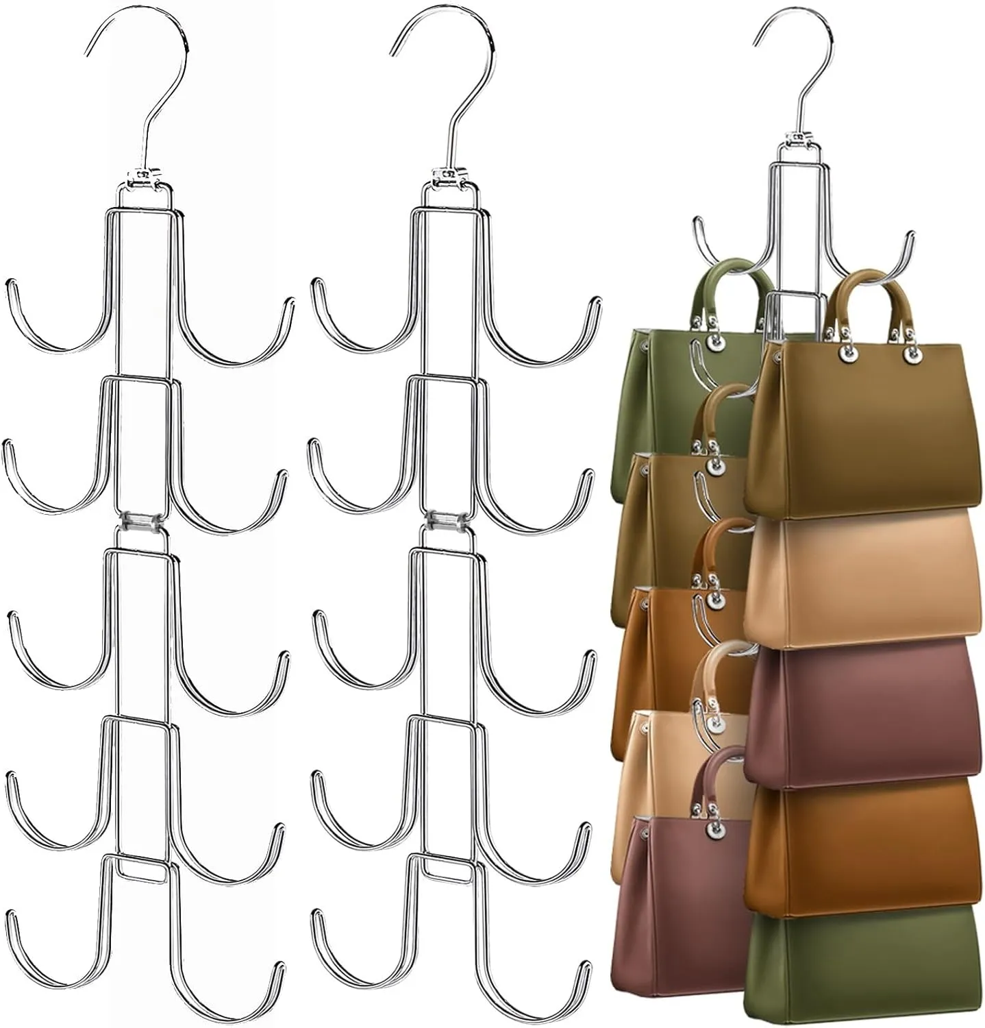 2 Purse Organizer for Closet, Upgraded Purse Hangers with 20 Big Hooks, 360 Degree Rotation for Better Organizer and Display, Collapsible Space Saving Hangers Rack for Handbag, Scarve, Tie, Silver