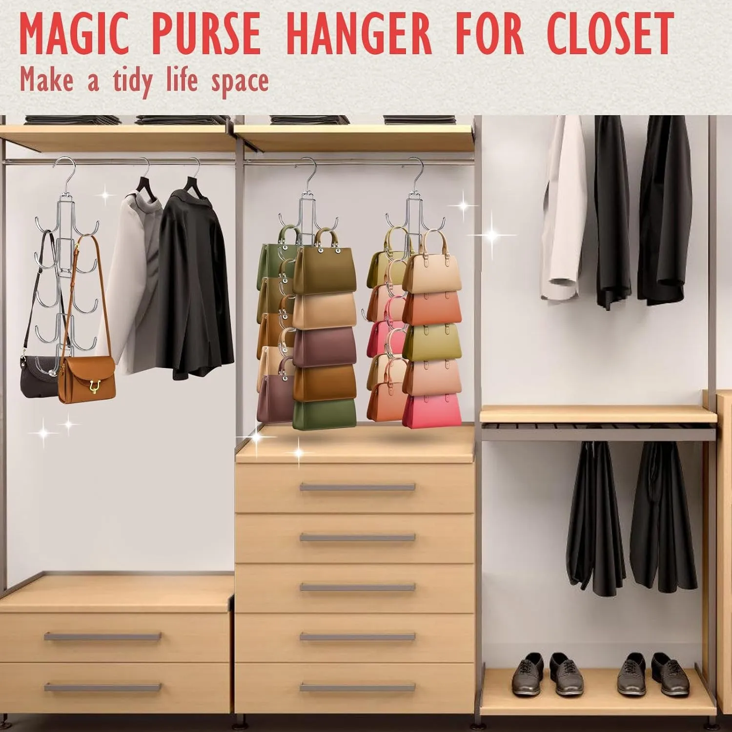 2 Purse Organizer for Closet, Upgraded Purse Hangers with 20 Big Hooks, 360 Degree Rotation for Better Organizer and Display, Collapsible Space Saving Hangers Rack for Handbag, Scarve, Tie, Silver