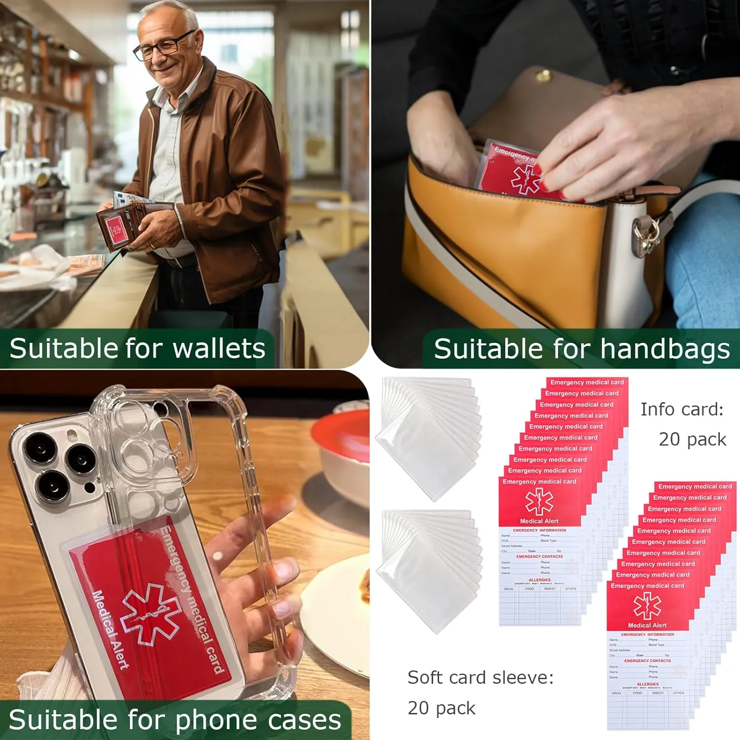 20 Pack Red Medication List Card with 20 Sleeves for Family Members Like Elderly - Emergency Contact ID Card for Wallet, Phone, Pocket, Handbags - Medical Systems for Retirement Community