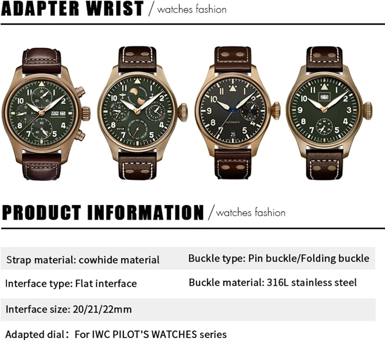 20mm 21mm 22mm Genuine Leather Bronze Rivet Watchband Fit For IWC Bronze Big Pilots Mark 18 Spitfire Watch Strap