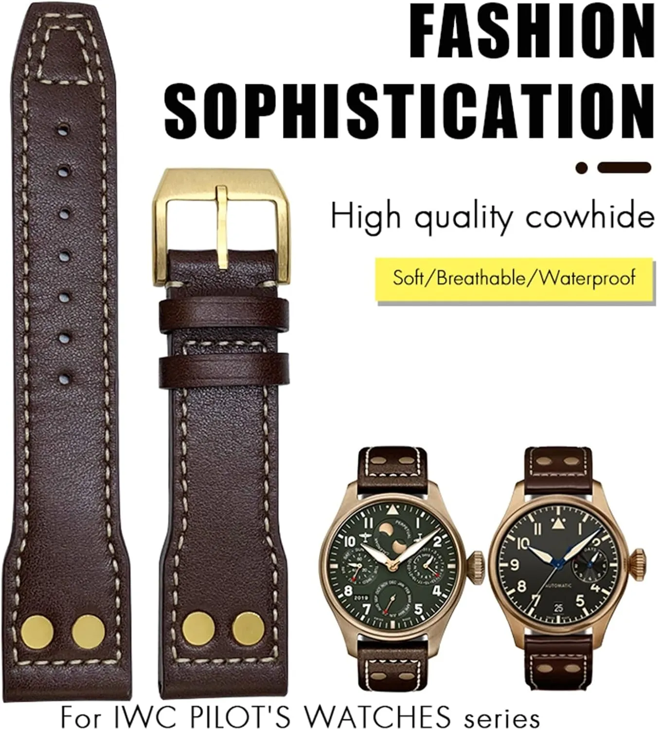 20mm 21mm 22mm Genuine Leather Bronze Rivet Watchband Fit For IWC Bronze Big Pilots Mark 18 Spitfire Watch Strap