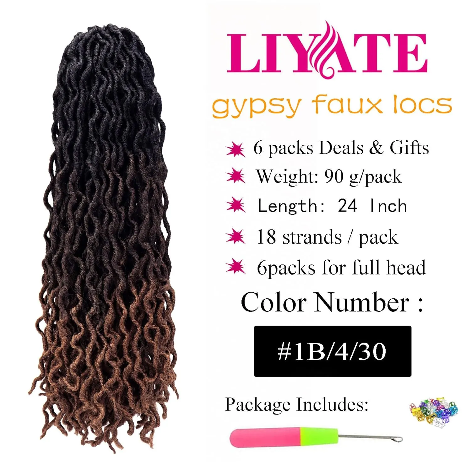 24 Inch Goddess Faux locs Crochet Hair 6 Packs/Lot Soft Gypsy Locs Wavy Crochet Braids Dreadlocks 3 Tone Curly Wavy Twist Braiding Hair Extensions African Roots Braid（1B/4/30)
