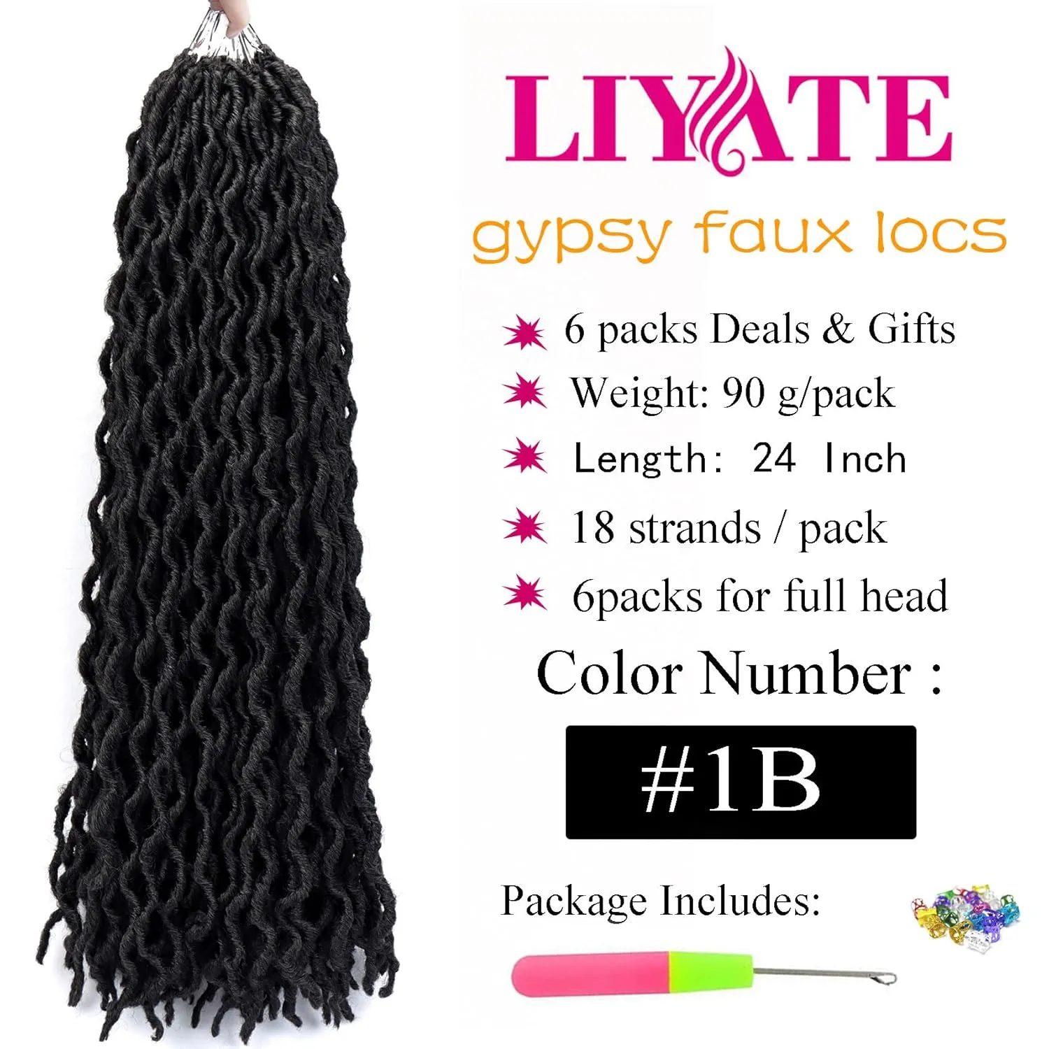 24 Inch Goddess Faux locs Crochet Hair for Women Black 6 Packs Soft Gypsy Locs Crochet Hair Curly Wavy Dreadlocks Hair Extensions