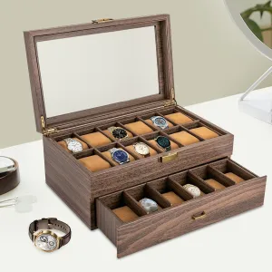 24 Slots Watch Box with Drawer, Watch Case for Men Women Watch Holder Organizer with Transparent Window Retro Watch Display Storage Brown
