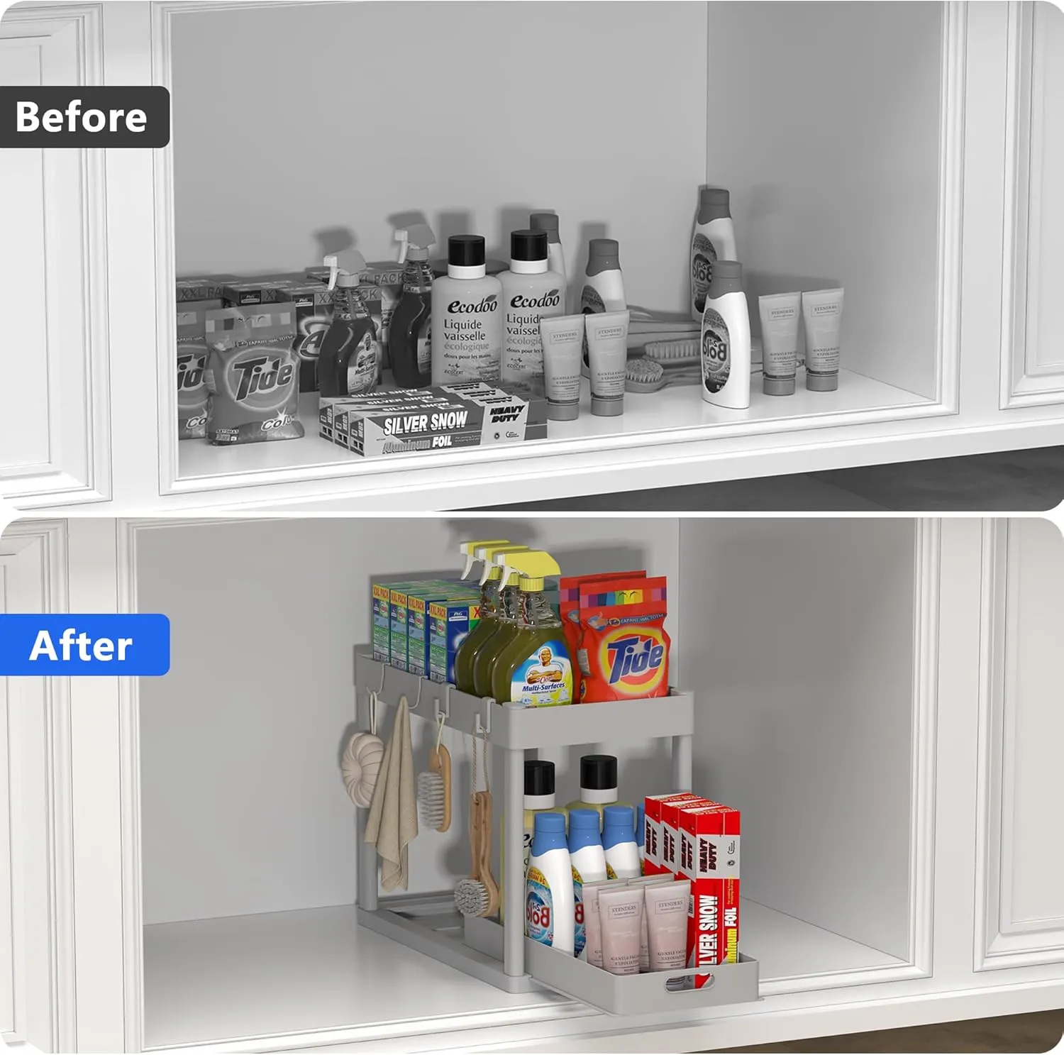 2PC Under Sink Organizer Rack 2 Tier Under Sliding Cabinet Basket Organizer Drawer with 4 Hooks, Multi-purpose Under Sink Storage for Bathroom Kitchen Desktop（Grey）