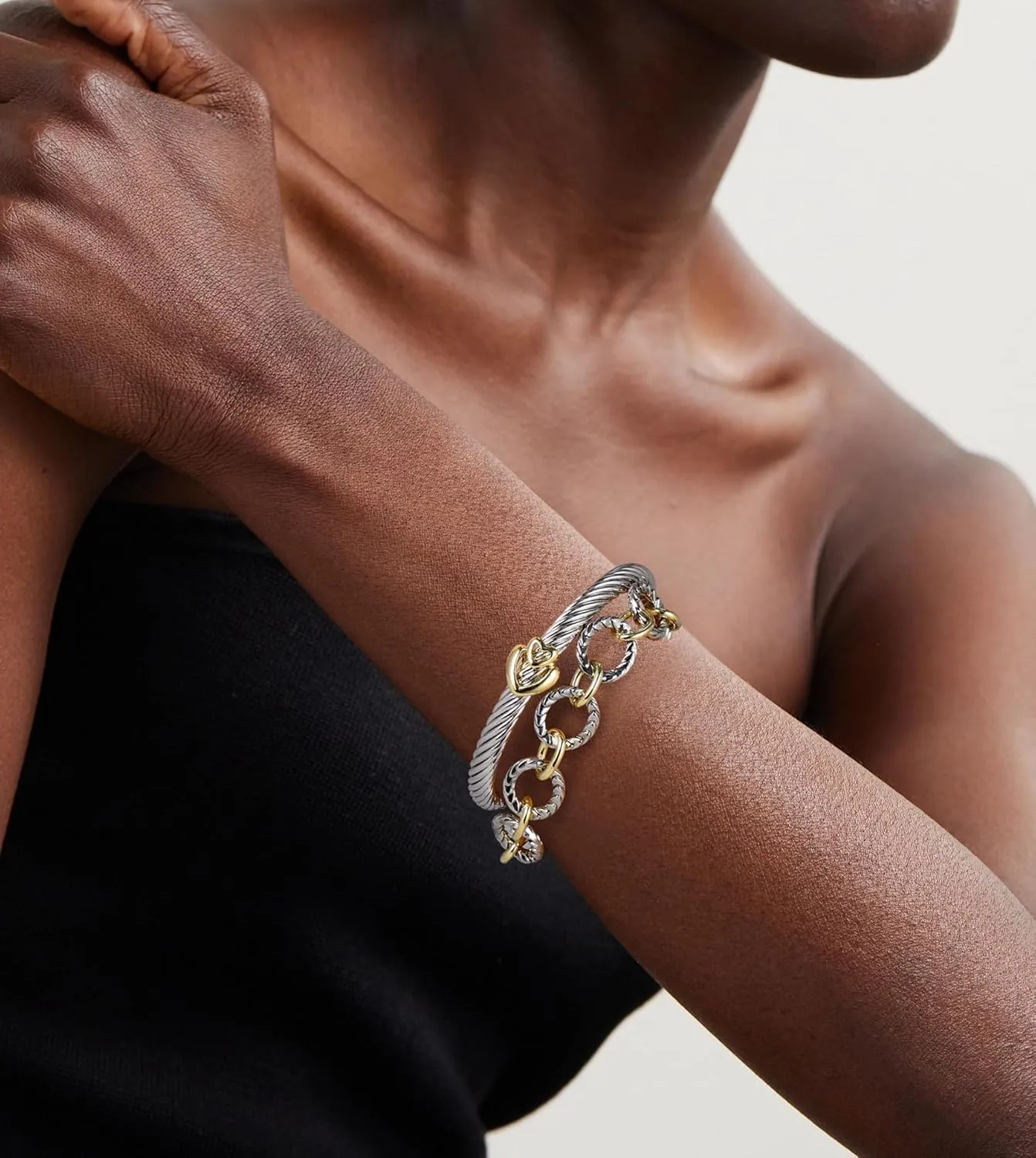 2PCS Twisted Cable Bangle and Chain Set, Trendy Gold and Silver Cuff Two Tone Bracelet Designer Dupes Mixed Metal Jewelry for Women