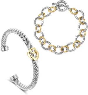 2PCS Twisted Cable Bangle and Chain Set, Trendy Gold and Silver Cuff Two Tone Bracelet Designer Dupes Mixed Metal Jewelry for Women