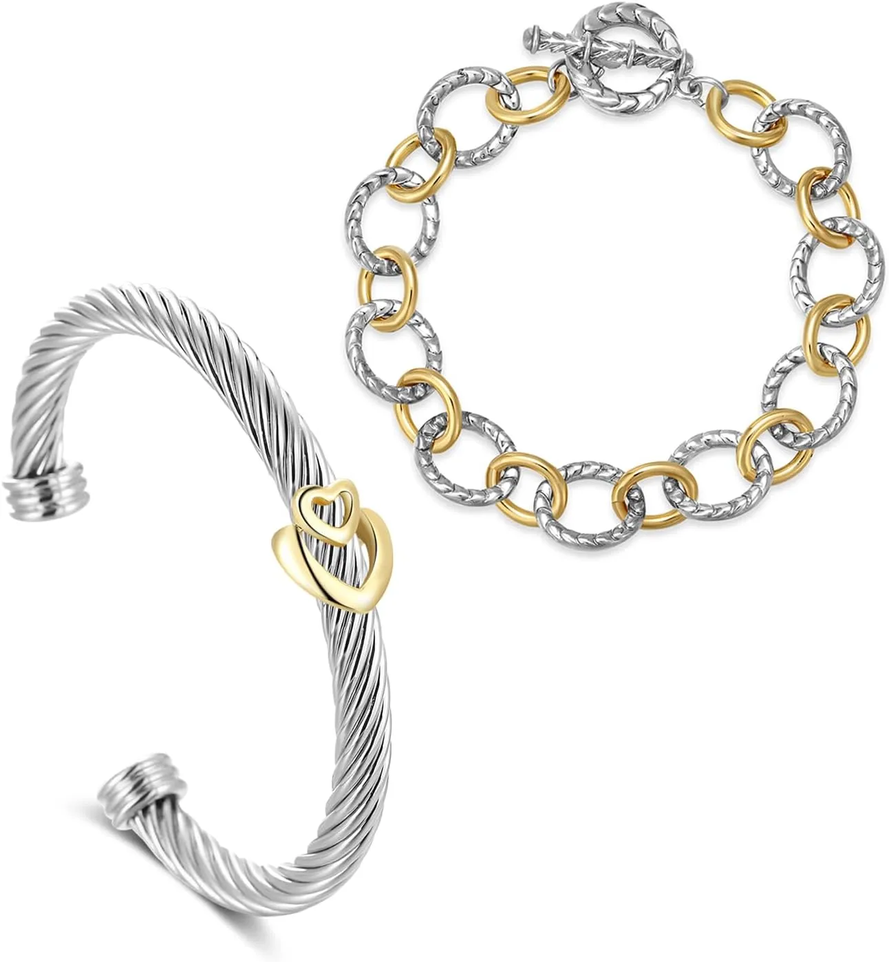 2PCS Twisted Cable Bangle and Chain Set, Trendy Gold and Silver Cuff Two Tone Bracelet Designer Dupes Mixed Metal Jewelry for Women