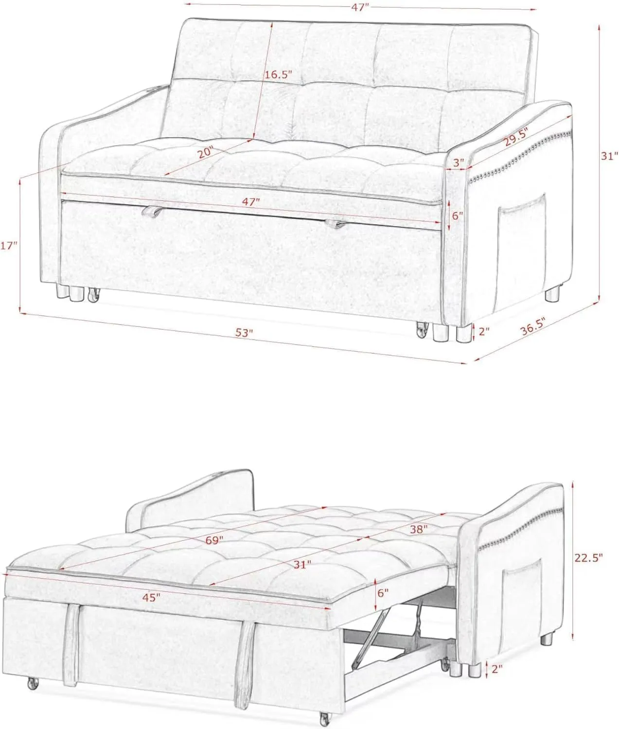 3 in 1 Convertible Sleeper Sofabed Functional Loveseat Sofa with Pull Out Sleeper Couch Bed and Reclining Backrest, Nailhead Decor Chaise Lounge Convertible Sofabed W/USB Charging Ports Living Room