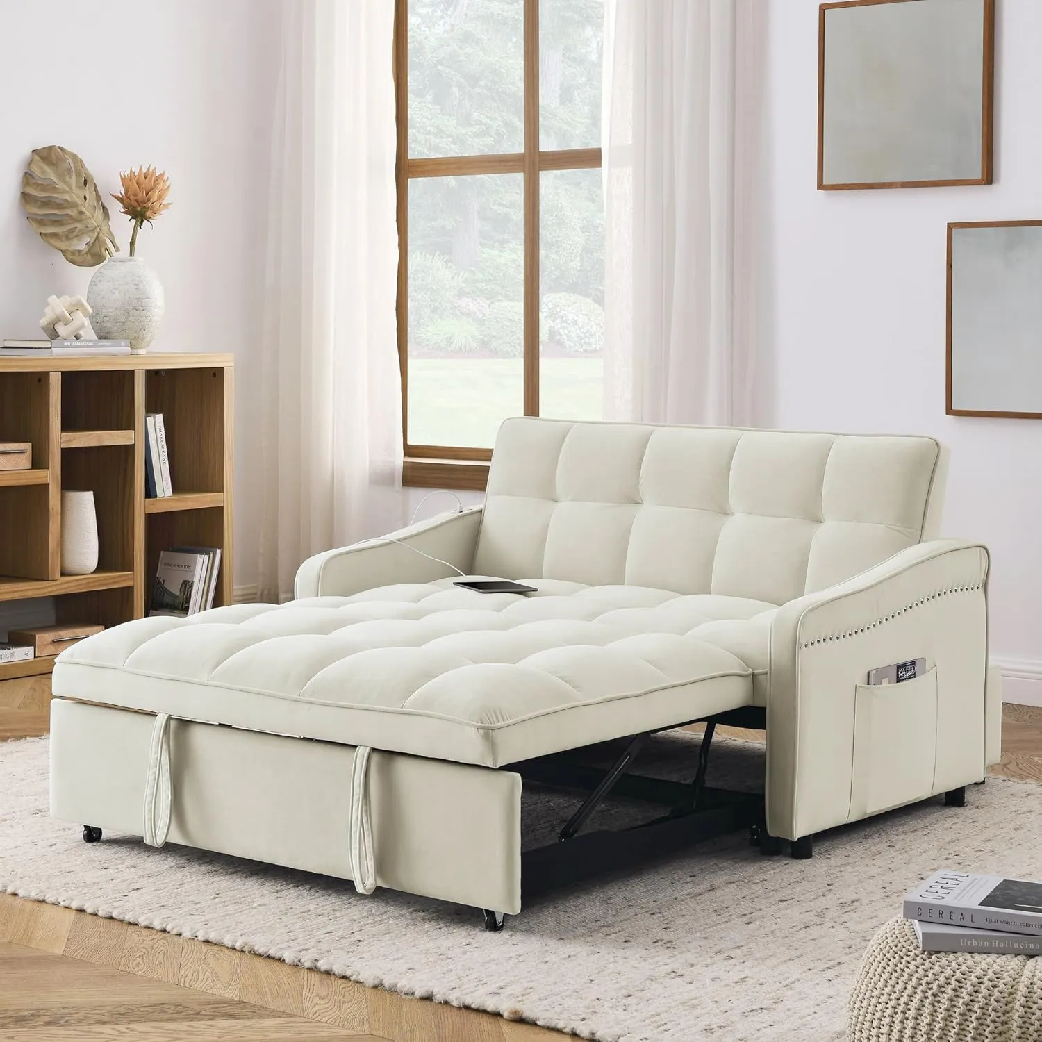3 in 1 Convertible Sleeper Sofabed Functional Loveseat Sofa with Pull Out Sleeper Couch Bed and Reclining Backrest, Nailhead Decor Chaise Lounge Convertible Sofabed W/USB Charging Ports Living Room