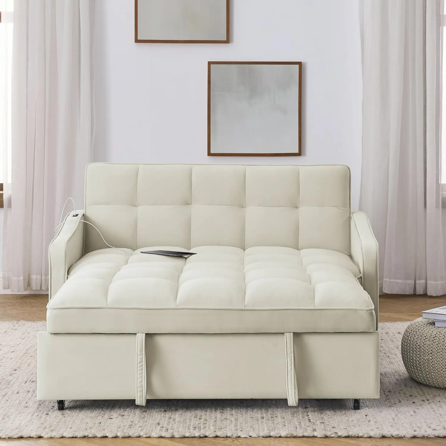 3 in 1 Convertible Sleeper Sofabed Functional Loveseat Sofa with Pull Out Sleeper Couch Bed and Reclining Backrest, Nailhead Decor Chaise Lounge Convertible Sofabed W/USB Charging Ports Living Room
