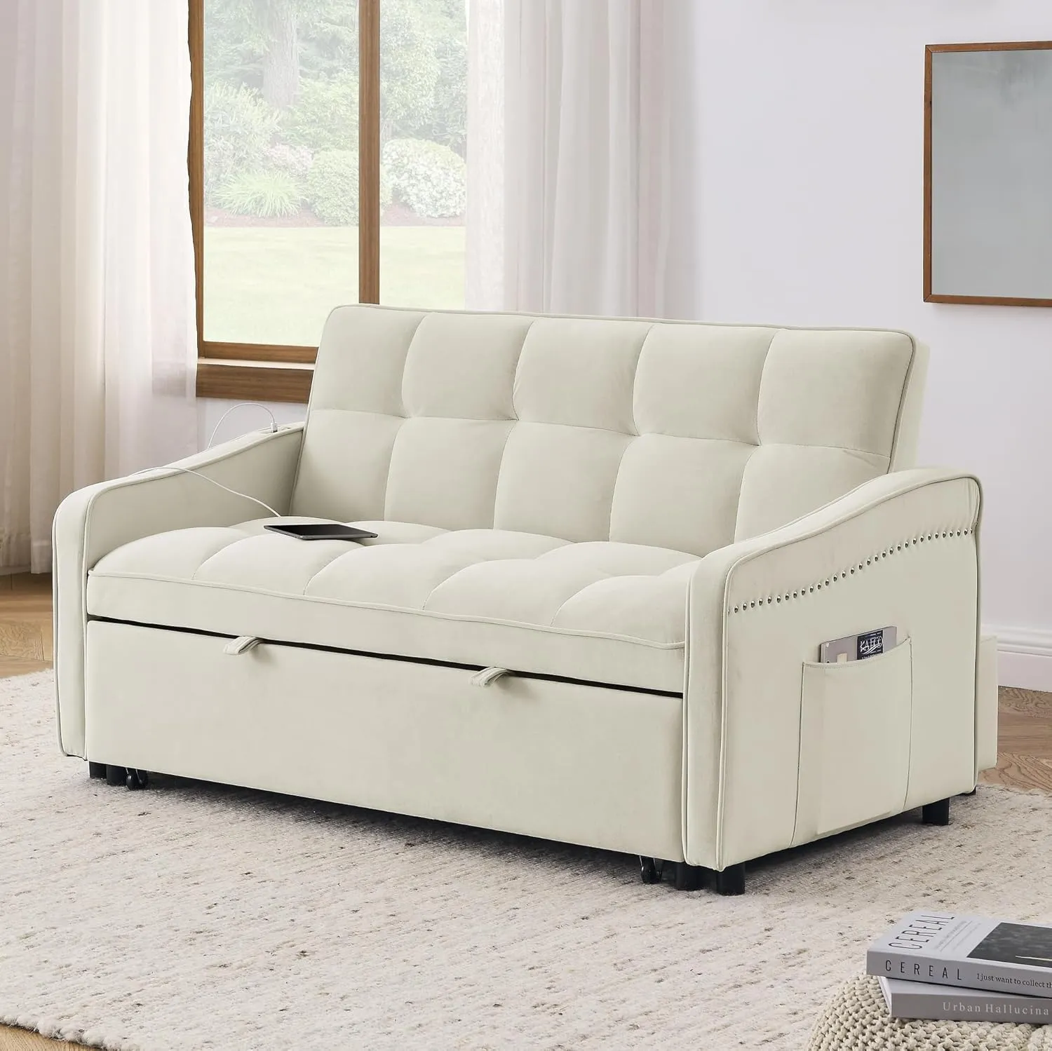 3 in 1 Convertible Sleeper Sofabed Functional Loveseat Sofa with Pull Out Sleeper Couch Bed and Reclining Backrest, Nailhead Decor Chaise Lounge Convertible Sofabed W/USB Charging Ports Living Room