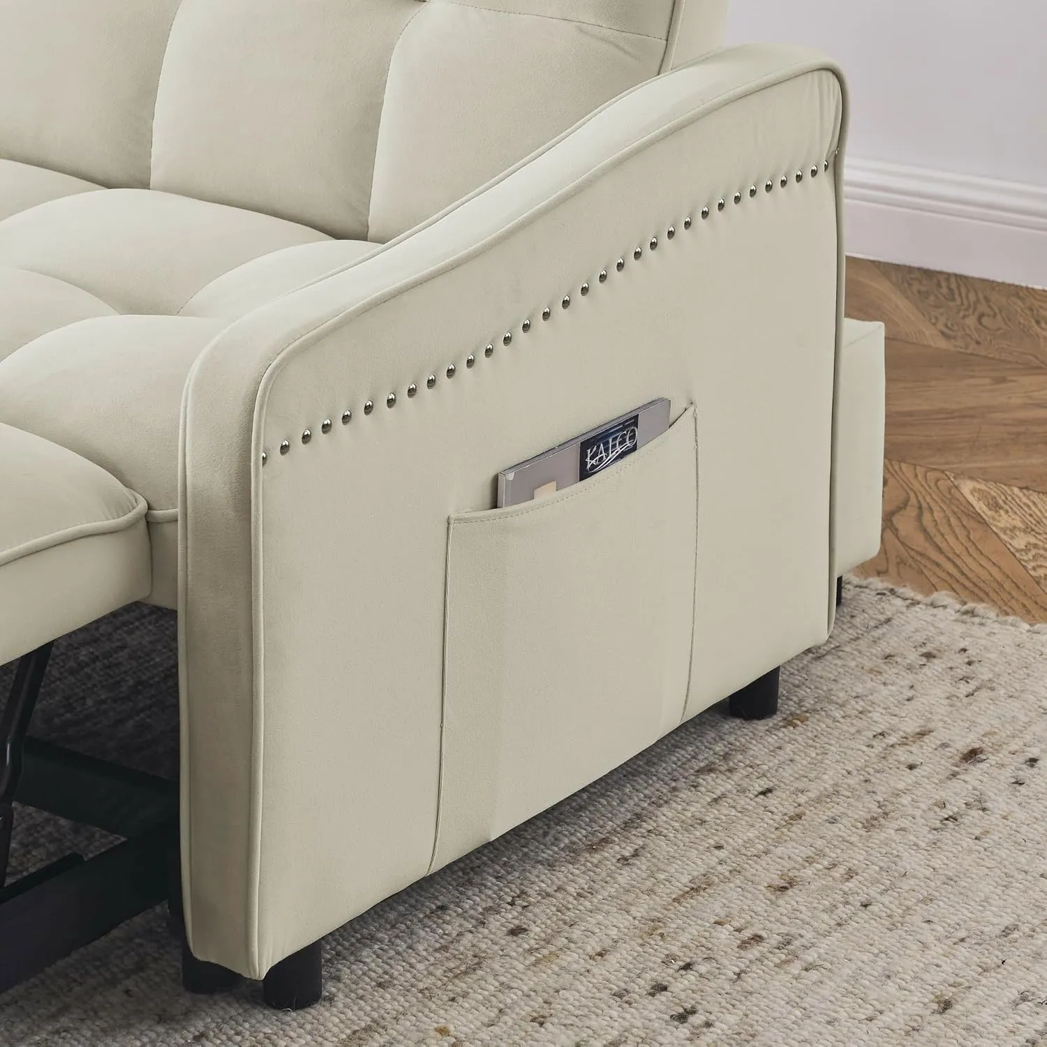 3 in 1 Convertible Sleeper Sofabed Functional Loveseat Sofa with Pull Out Sleeper Couch Bed and Reclining Backrest, Nailhead Decor Chaise Lounge Convertible Sofabed W/USB Charging Ports Living Room