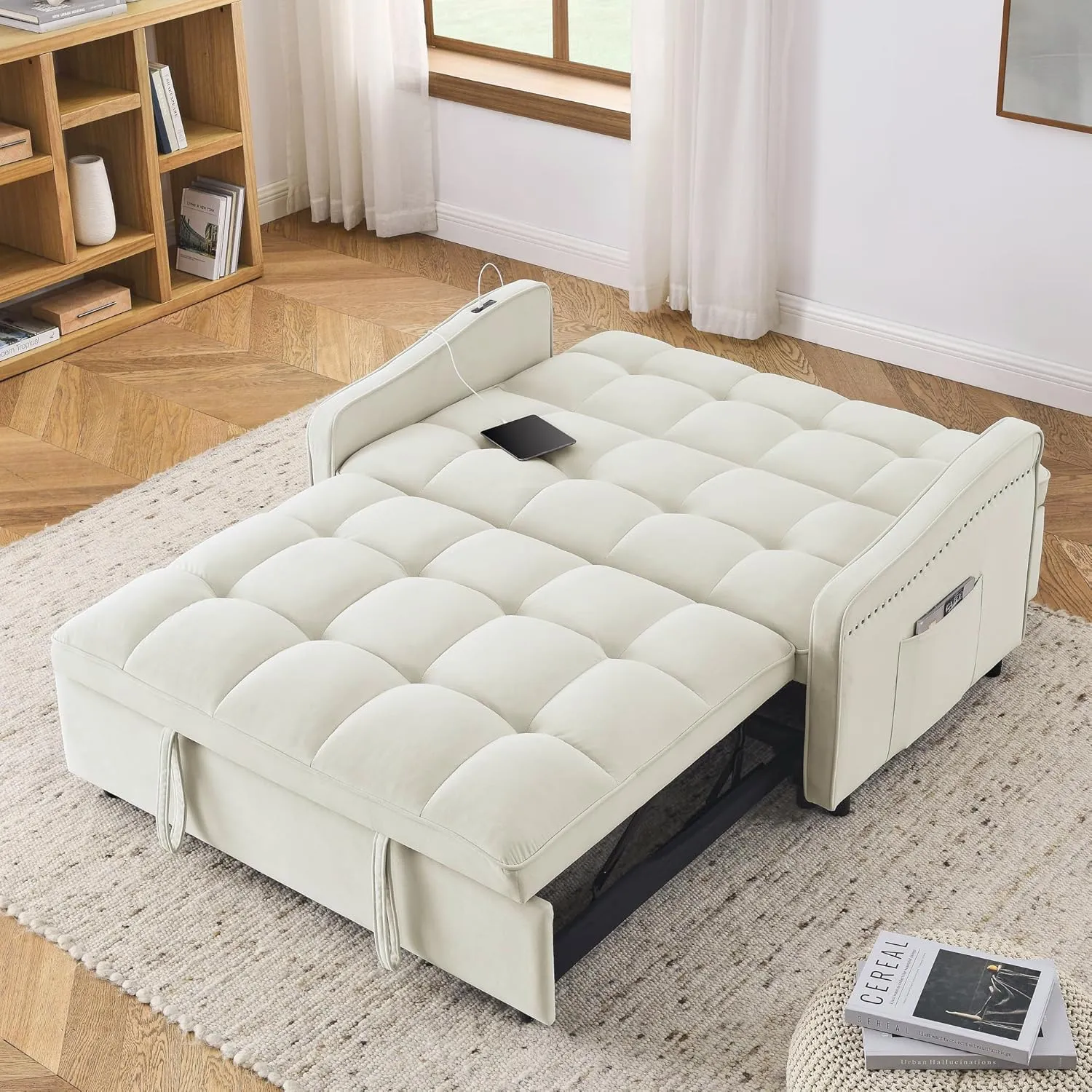 3 in 1 Convertible Sleeper Sofabed Functional Loveseat Sofa with Pull Out Sleeper Couch Bed and Reclining Backrest, Nailhead Decor Chaise Lounge Convertible Sofabed W/USB Charging Ports Living Room