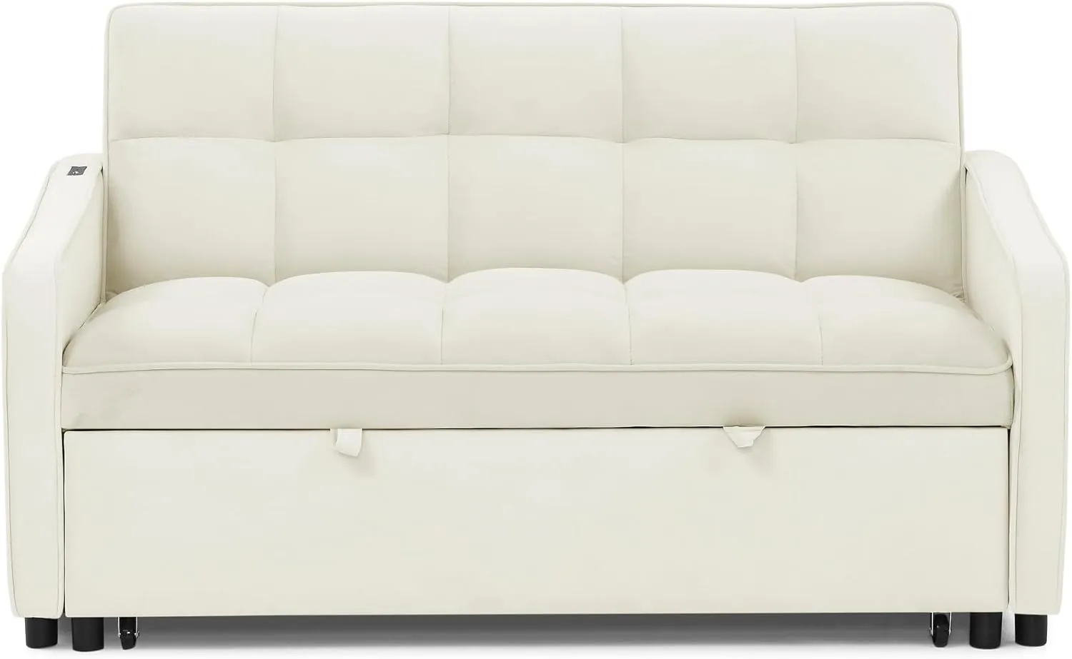3 in 1 Convertible Sleeper Sofabed Functional Loveseat Sofa with Pull Out Sleeper Couch Bed and Reclining Backrest, Nailhead Decor Chaise Lounge Convertible Sofabed W/USB Charging Ports Living Room