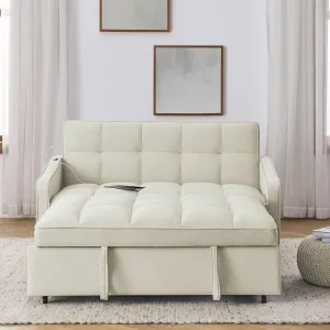3 in 1 Convertible Sleeper Sofabed Functional Loveseat Sofa with Pull Out Sleeper Couch Bed and Reclining Backrest, Nailhead Decor Chaise Lounge Convertible Sofabed W/USB Charging Ports Living Room