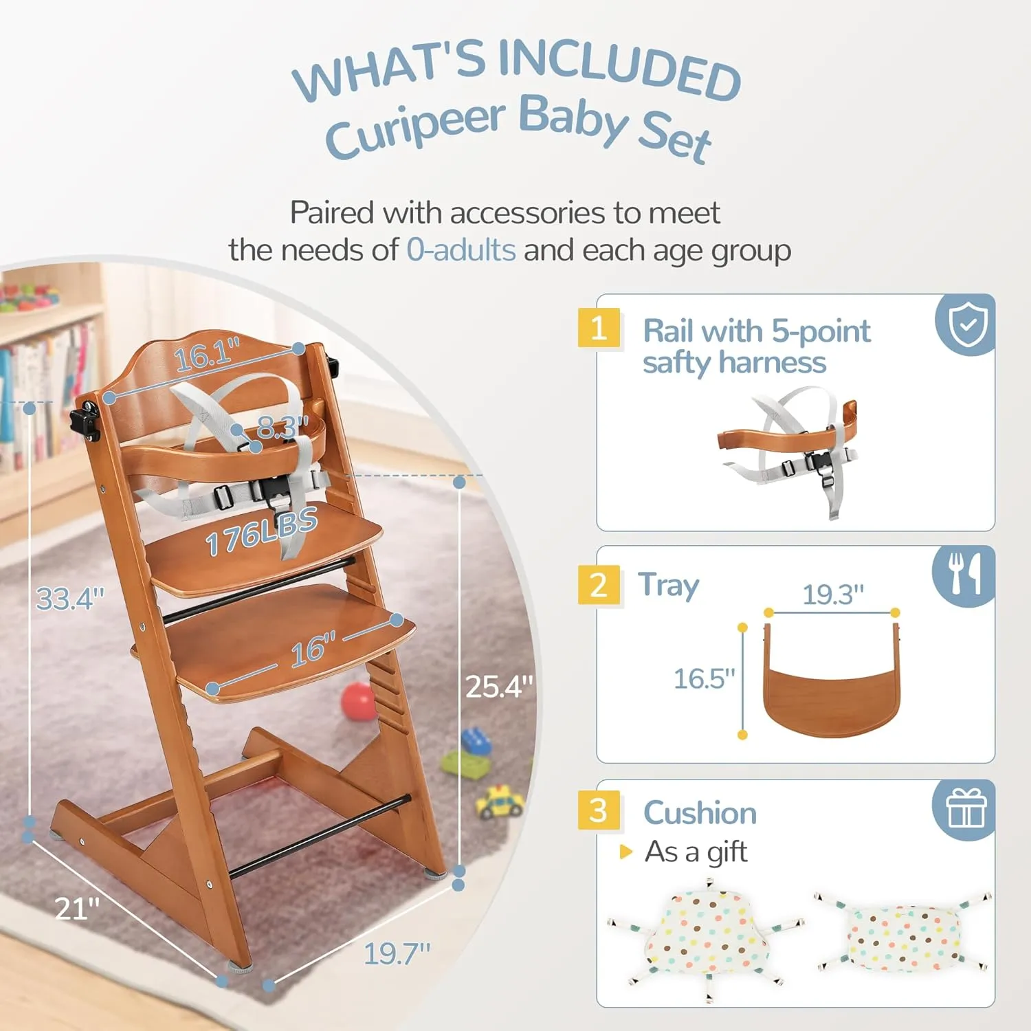 3-in-1 Convertible Wooden Toddler High Chair, Baby Feeding Chair with Removable Tray, Cushion and Harness, Brown
