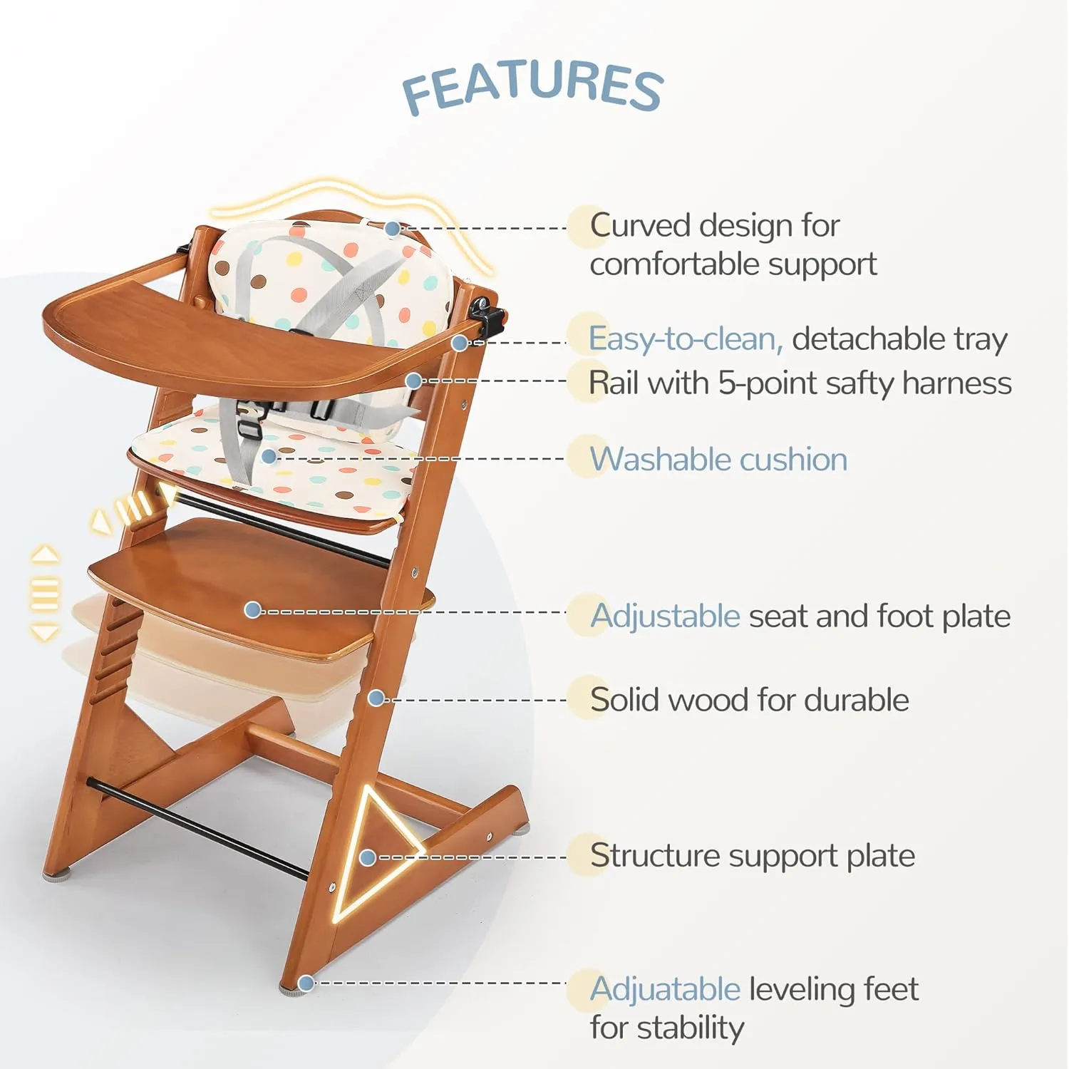 3-in-1 Convertible Wooden Toddler High Chair, Baby Feeding Chair with Removable Tray, Cushion and Harness, Brown