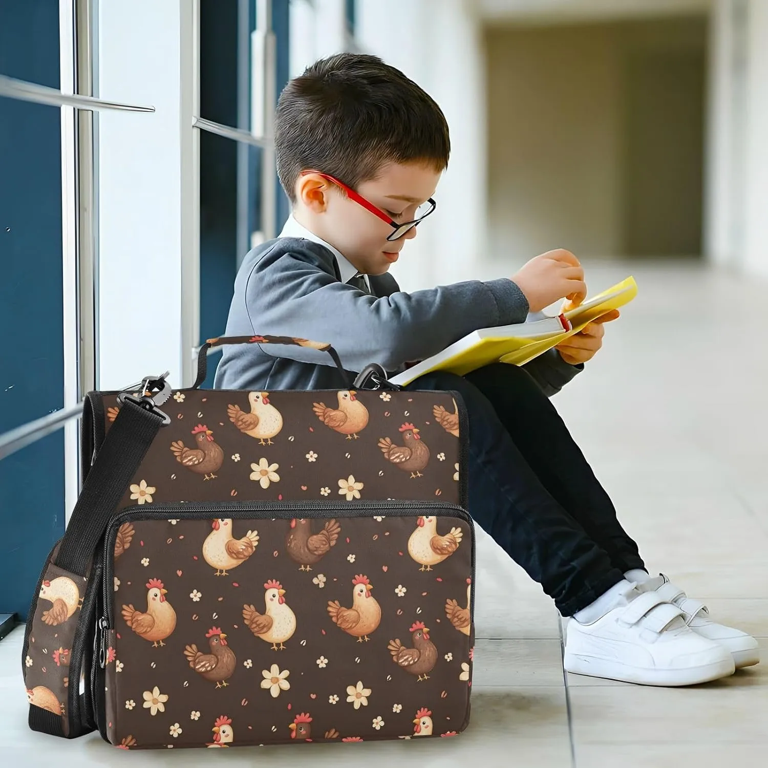 3 Rings 1.5 inch Binder Zipper with Shoulder Strap & Handle Multiple Pockets Documents Files Storage Bag for Office School Cartoon Funny Yuanbao Chicken Brown