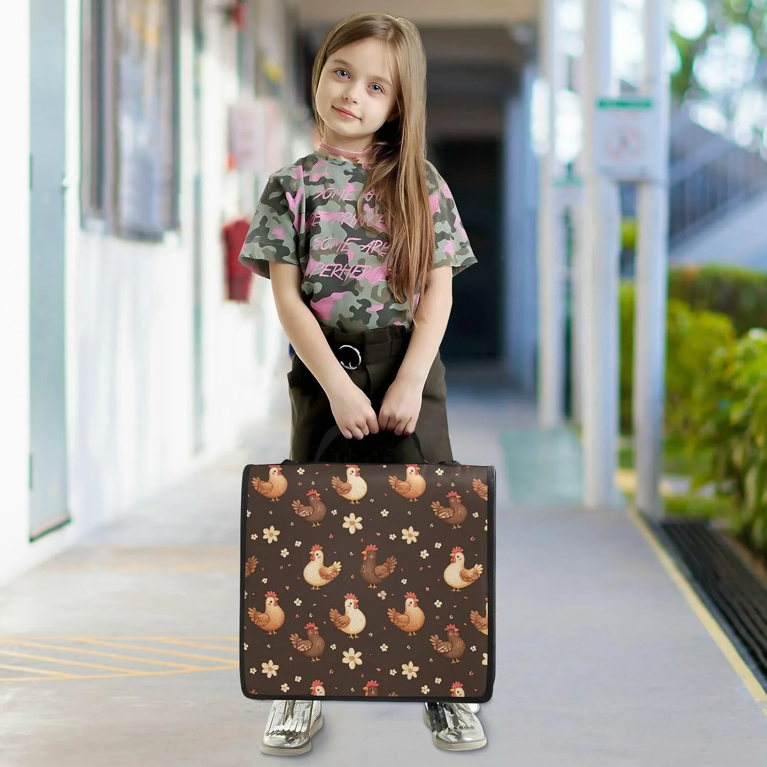 3 Rings 1.5 inch Binder Zipper with Shoulder Strap & Handle Multiple Pockets Documents Files Storage Bag for Office School Cartoon Funny Yuanbao Chicken Brown