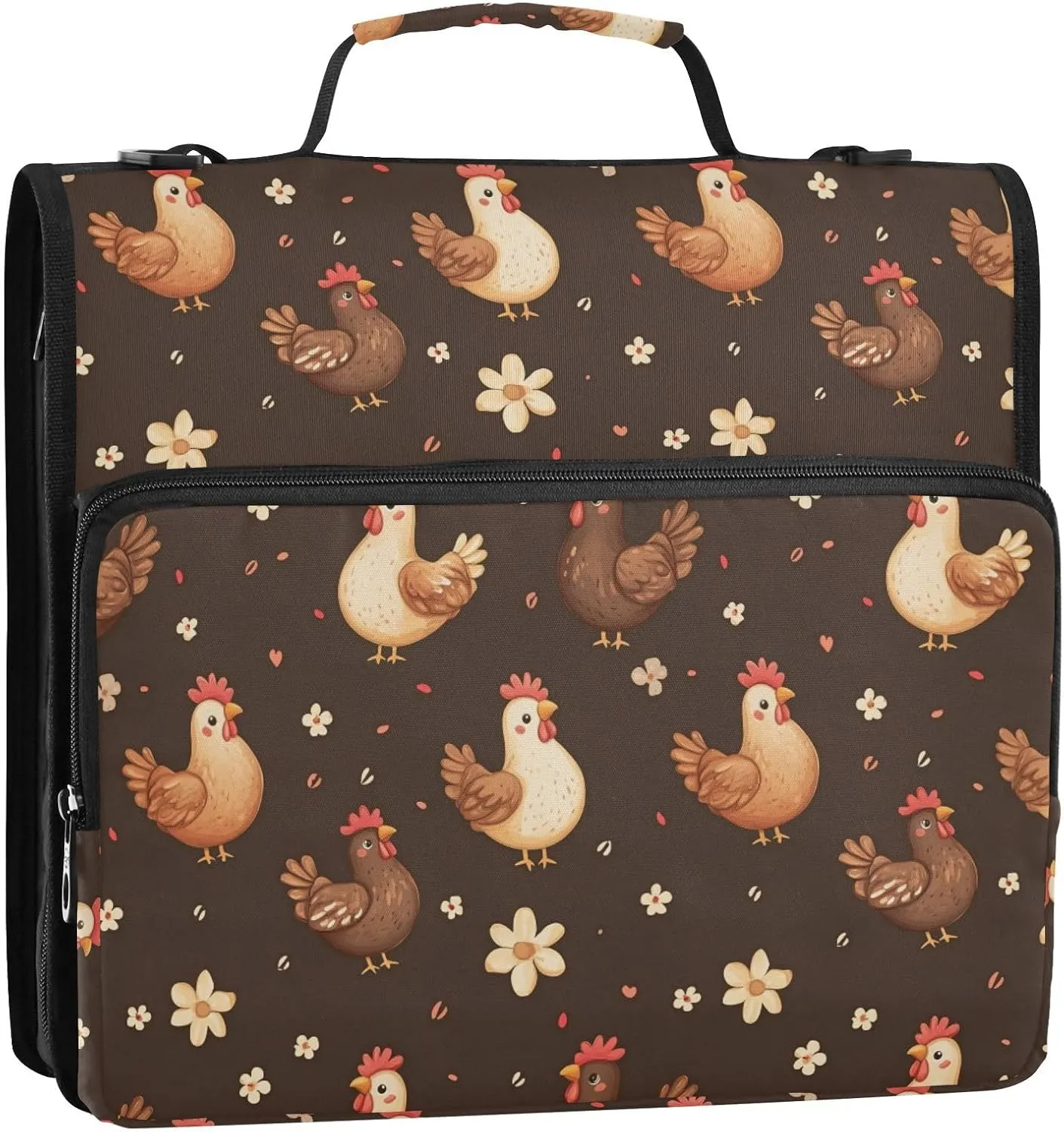 3 Rings 1.5 inch Binder Zipper with Shoulder Strap & Handle Multiple Pockets Documents Files Storage Bag for Office School Cartoon Funny Yuanbao Chicken Brown