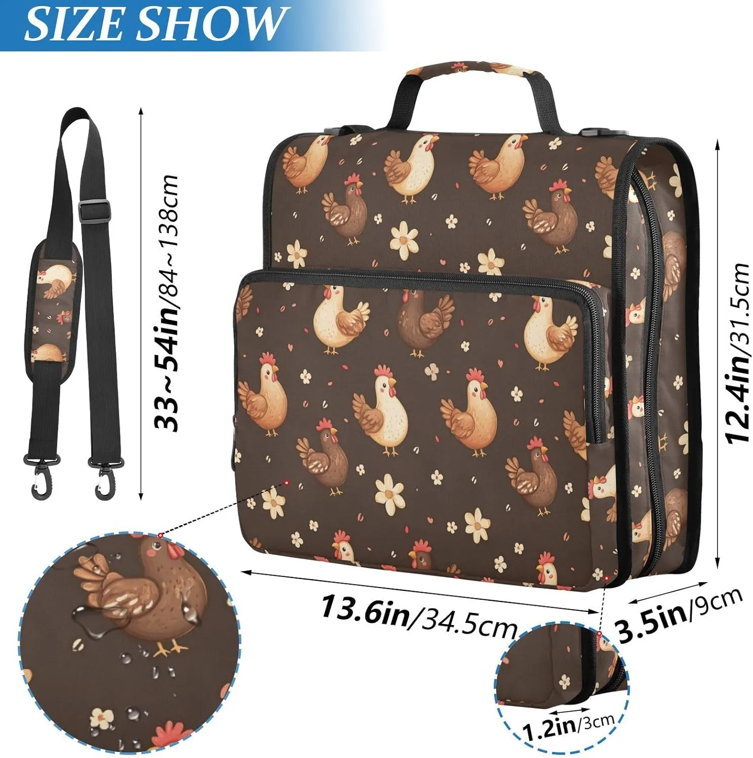 3 Rings 1.5 inch Binder Zipper with Shoulder Strap & Handle Multiple Pockets Documents Files Storage Bag for Office School Cartoon Funny Yuanbao Chicken Brown