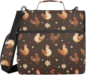 3 Rings 1.5 inch Binder Zipper with Shoulder Strap & Handle Multiple Pockets Documents Files Storage Bag for Office School Cartoon Funny Yuanbao Chicken Brown