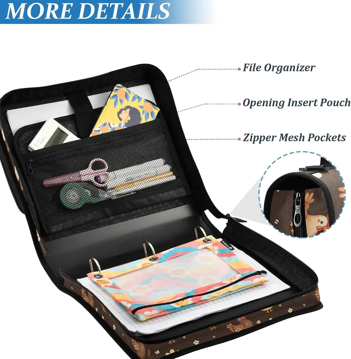 3 Rings 1.5 inch Binder Zipper with Shoulder Strap & Handle Multiple Pockets Documents Files Storage Bag for Office School Cartoon Funny Yuanbao Chicken Brown